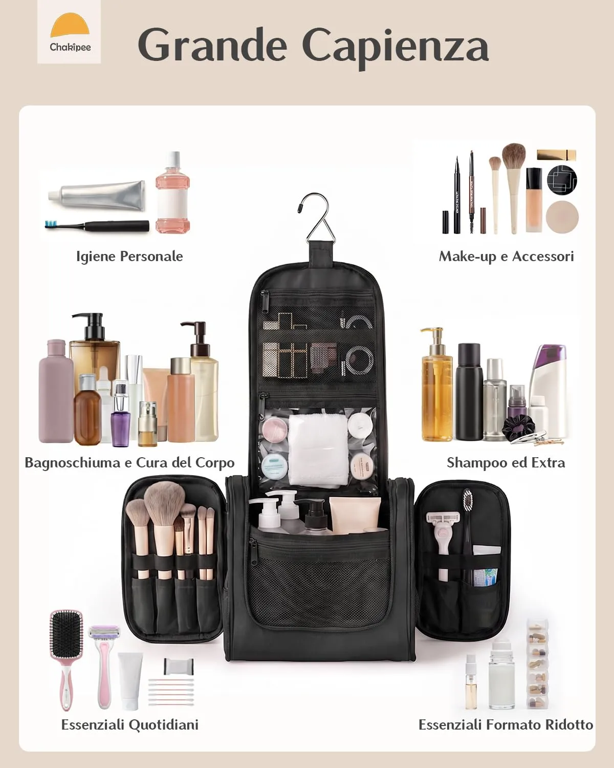 Beauty Case da Viaggio per Donna da Appendere - Borsa da Toilette e Trousse Uomo Organizer Portatile per Cosmetici e Prodotti da Bagno - Adatto per i viaggi e la palestra Nero,Grande - immagine 2