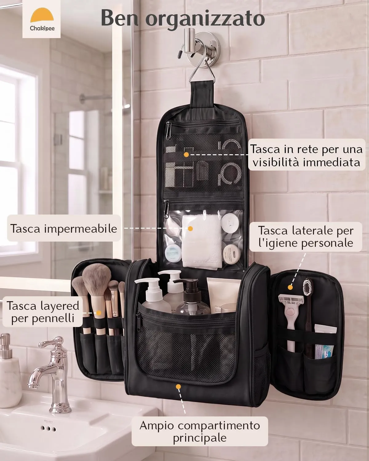 Beauty Case da Viaggio per Donna da Appendere - Borsa da Toilette e Trousse Uomo Organizer Portatile per Cosmetici e Prodotti da Bagno - Adatto per i viaggi e la palestra Nero,Grande - immagine 3
