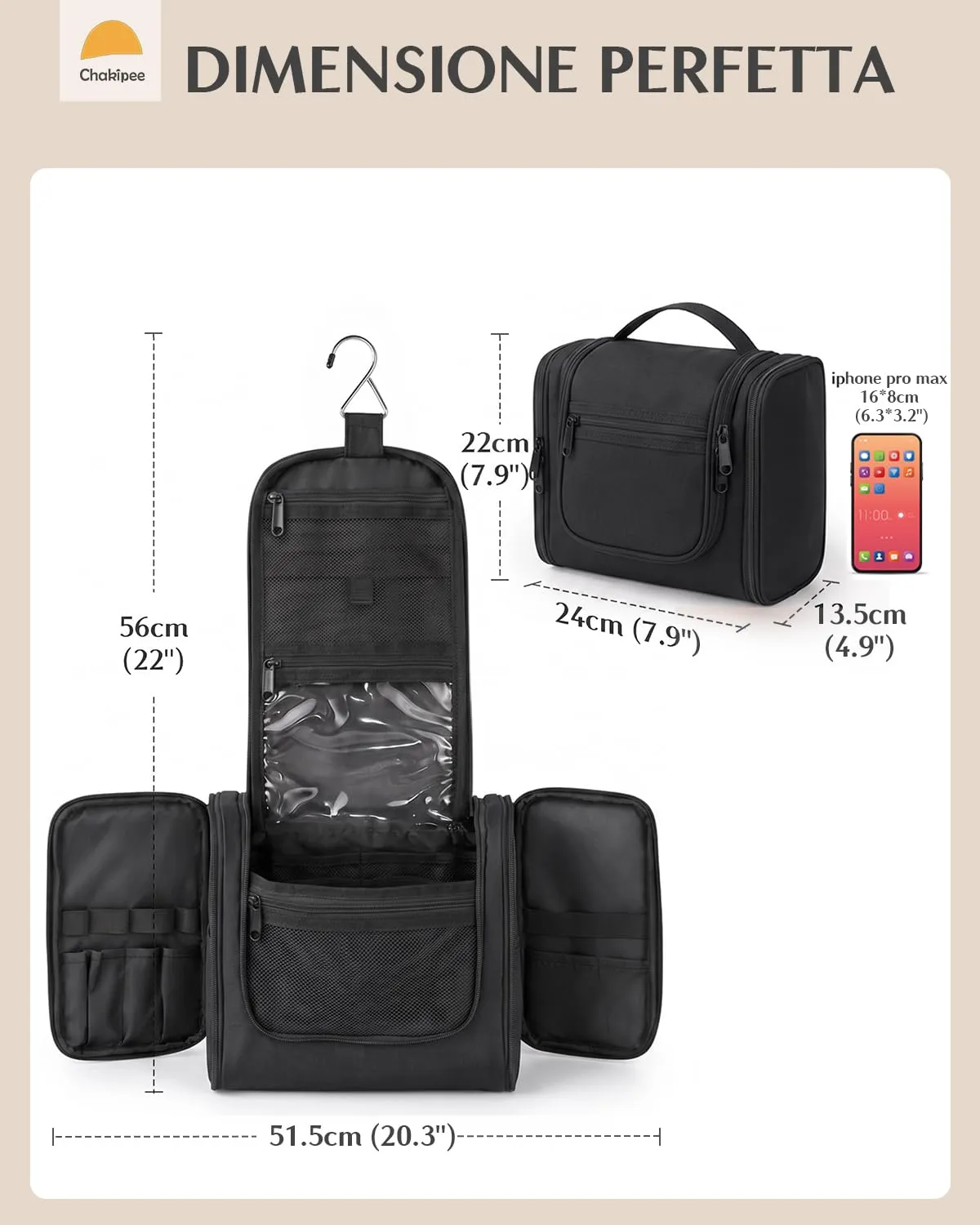 Beauty Case da Viaggio per Donna da Appendere - Borsa da Toilette e Trousse Uomo Organizer Portatile per Cosmetici e Prodotti da Bagno - Adatto per i viaggi e la palestra Nero,Grande - immagine 4