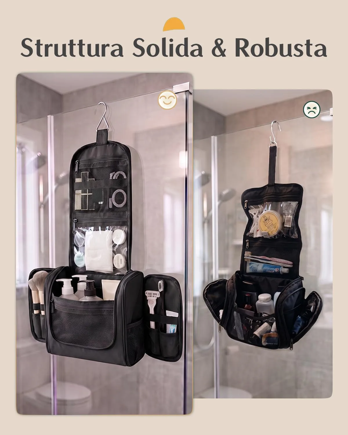 Beauty Case da Viaggio per Donna da Appendere - Borsa da Toilette e Trousse Uomo Organizer Portatile per Cosmetici e Prodotti da Bagno - Adatto per i viaggi e la palestra Nero,Grande - immagine 5