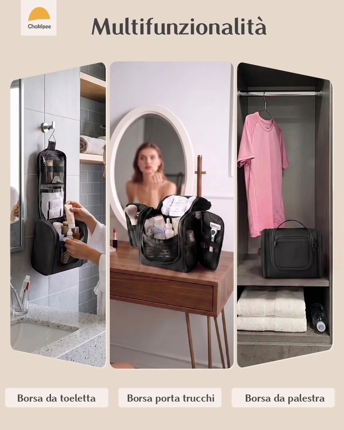 Beauty Case da Viaggio per Donna da Appendere - Borsa da Toilette e Trousse Uomo Organizer Portatile per Cosmetici e Prodotti da Bagno - Adatto per i viaggi e la palestra Nero,Grande - immagine 7