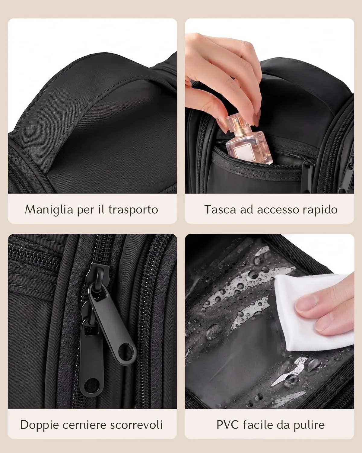Beauty Case da Viaggio per Donna da Appendere - Borsa da Toilette e Trousse Uomo Organizer Portatile per Cosmetici e Prodotti da Bagno - Adatto per i viaggi e la palestra Nero,Grande - immagine 8