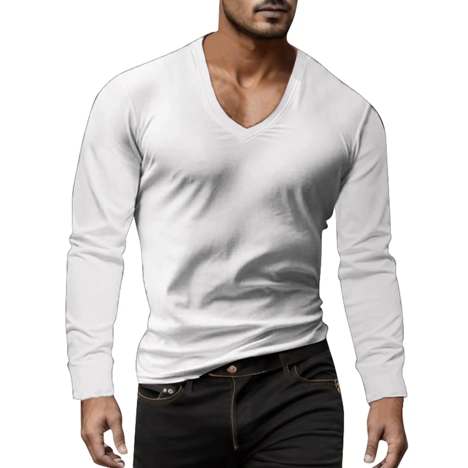 Duohropke Maglietta a maniche lunghe da uomo con profondo scollo a V, a maniche lunghe, slim fit, sexy, oversize, con scollo a V, maglietta da corsa, maglietta sportiva sottile, 01 bianco, L - immagine 1
