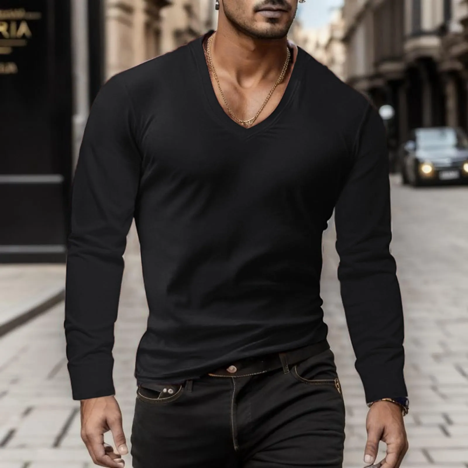 Duohropke Maglietta a maniche lunghe da uomo con profondo scollo a V, a maniche lunghe, slim fit, sexy, oversize, con scollo a V, maglietta da corsa, maglietta sportiva sottile, 01 nero, XL - immagine 2