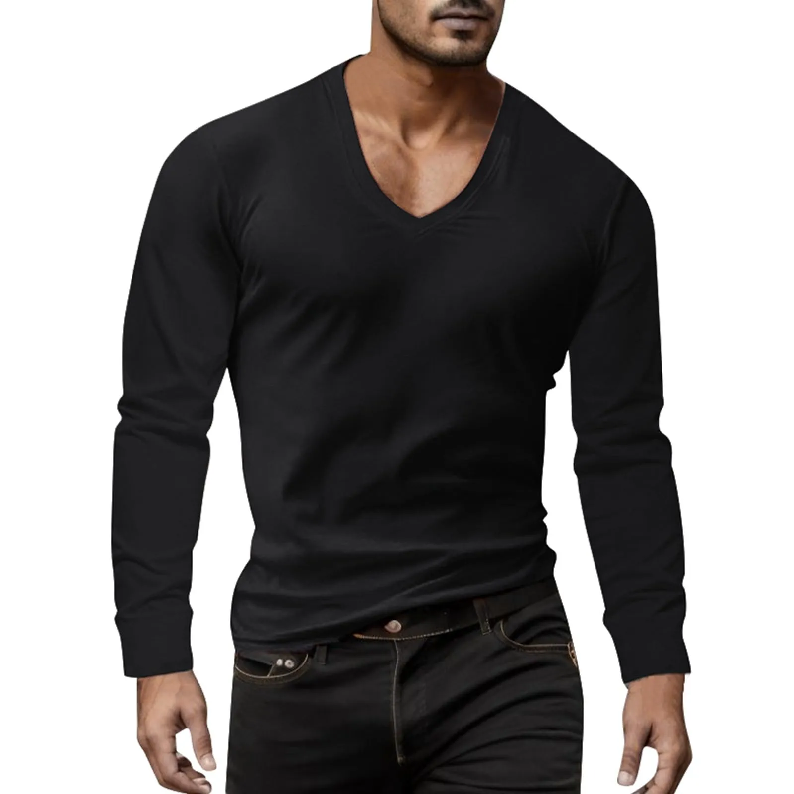 Duohropke Maglietta a maniche lunghe da uomo con profondo scollo a V, a maniche lunghe, slim fit, sexy, oversize, con scollo a V, maglietta da corsa, maglietta sportiva sottile, 01 nero, L - immagine 1