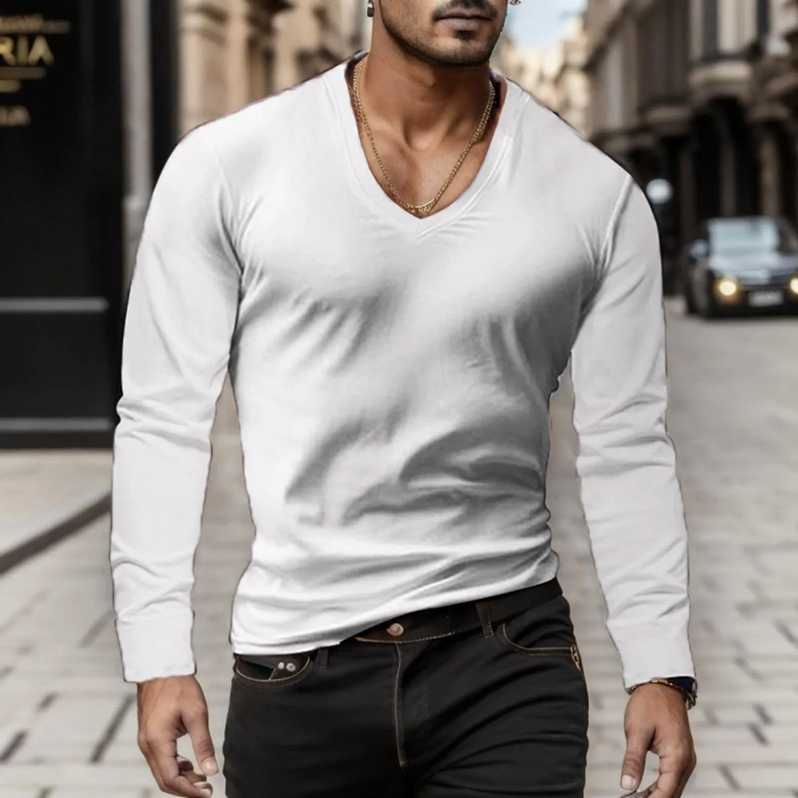 Duohropke Maglietta a maniche lunghe da uomo con profondo scollo a V, a maniche lunghe, slim fit, sexy, oversize, con scollo a V, maglietta da corsa, maglietta sportiva sottile, 01 bianco, XXL - immagine 2