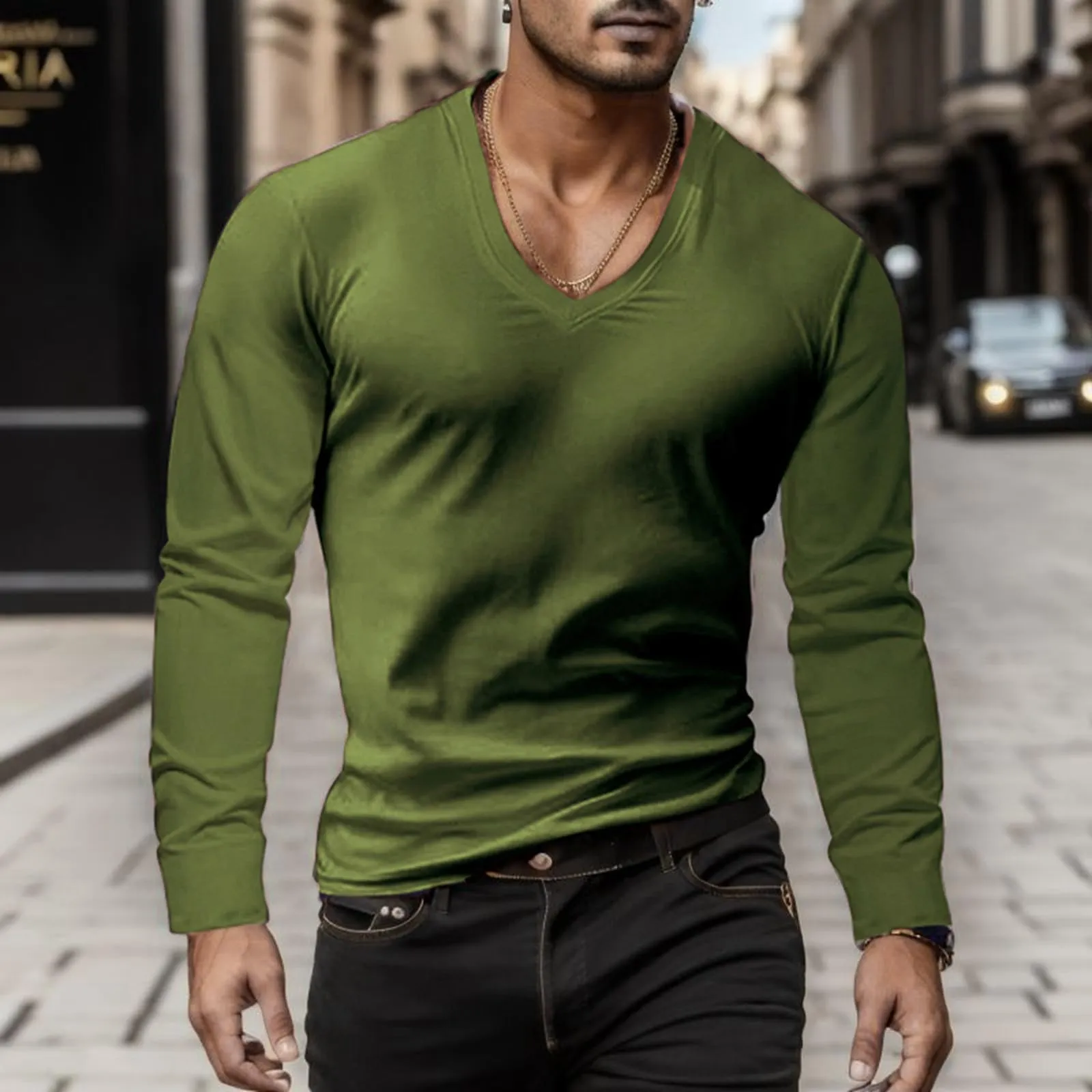 Duohropke Maglietta a maniche lunghe da uomo con profondo scollo a V, a maniche lunghe, slim fit, sexy, oversize, con scollo a V, maglietta da corsa, maglietta sportiva sottile, 01 verde militare 2 - immagine 2