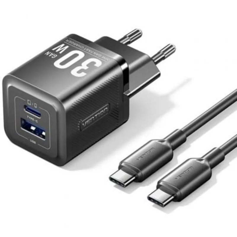 Caricatore GaN Vention TZ-FEQB0-EU-01 2 Porte USB C+A 30W con Cavo USB-C - immagine 1