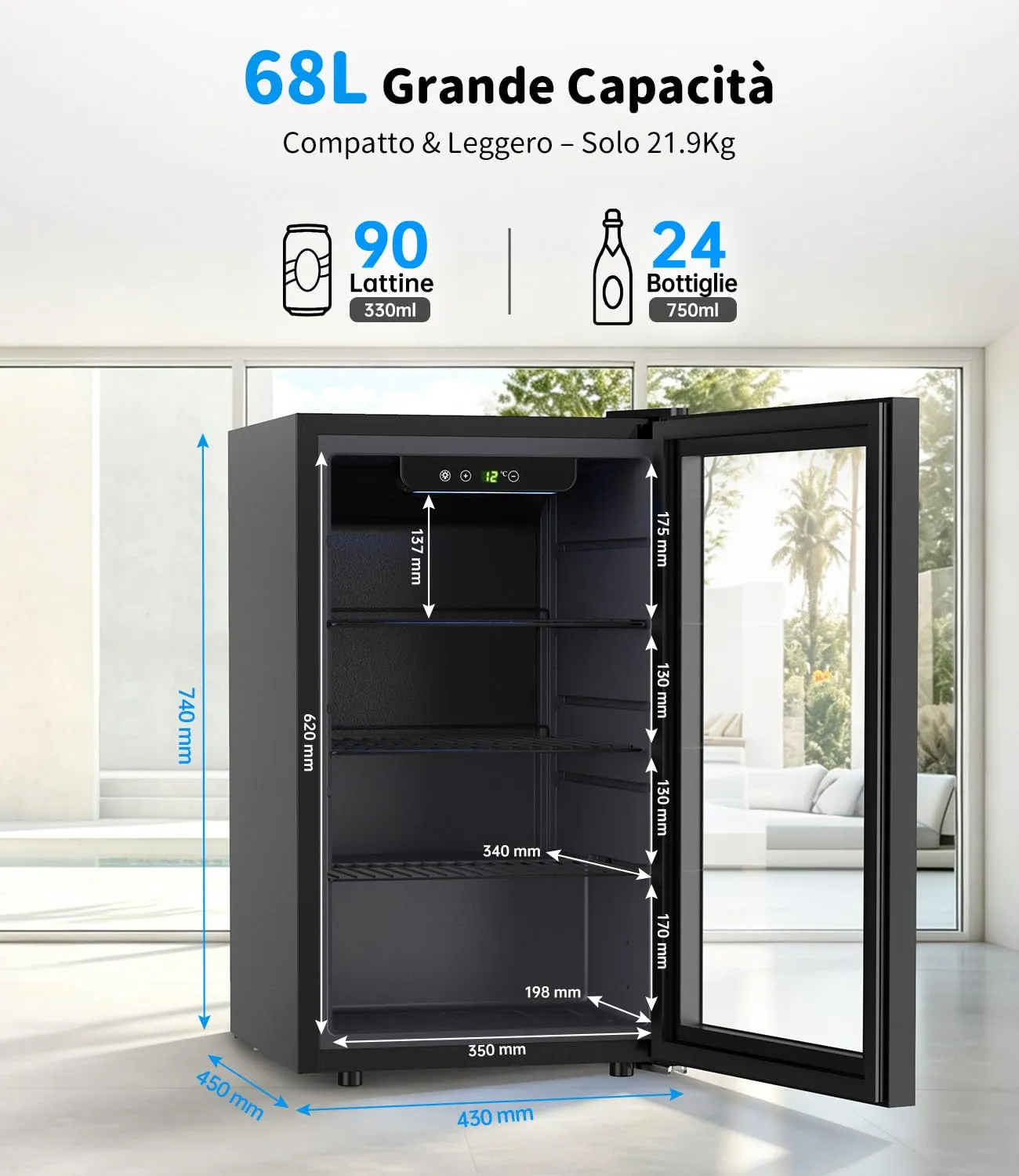 WIE Mini Frigo 68L per 90 Lattine o 24 Bottiglie di Vino, Frigorifero Piccolo con Porta in Vetro, Temperatura Regolabile 3-16°C, Porta Reversibile, Silenzioso ＜43dB per Casa, Ufficio, Bar, Bevande - immagine 2