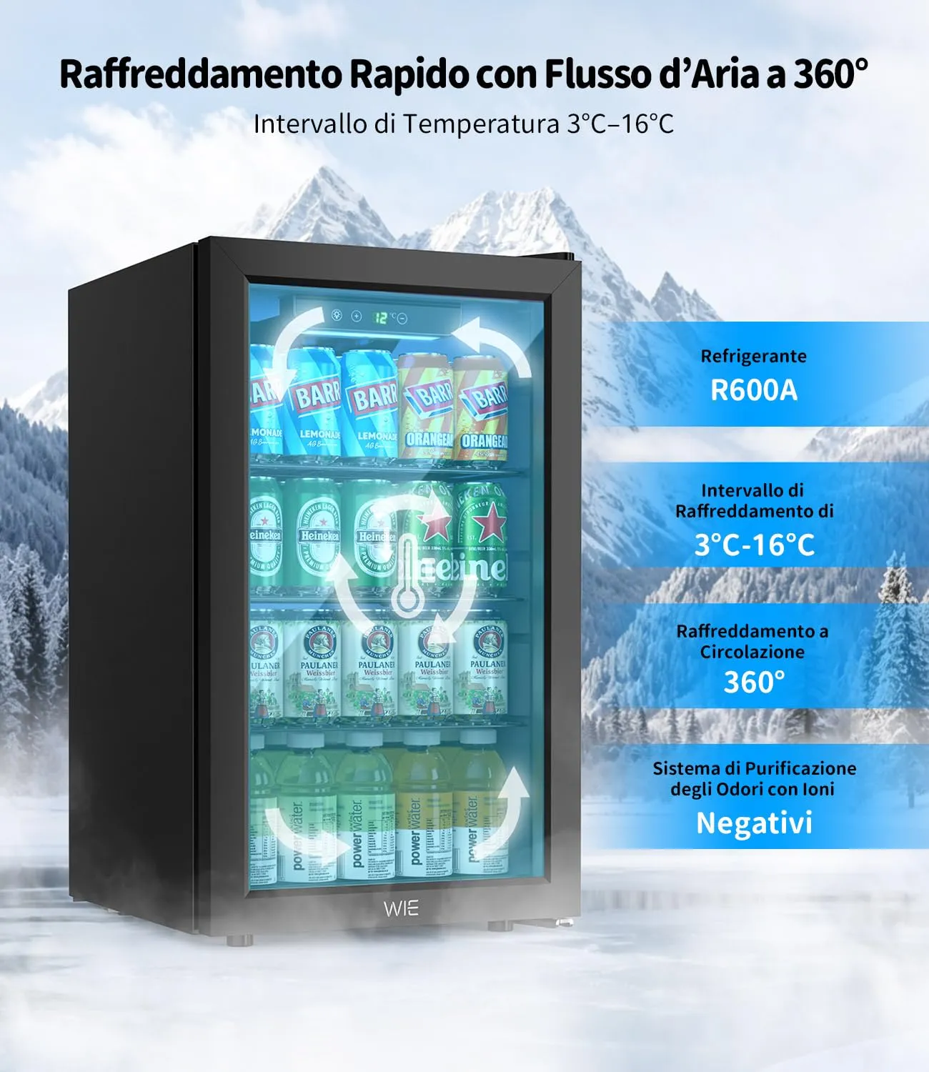 WIE Mini Frigo 68L per 90 Lattine o 24 Bottiglie di Vino, Frigorifero Piccolo con Porta in Vetro, Temperatura Regolabile 3-16°C, Porta Reversibile, Silenzioso ＜43dB per Casa, Ufficio, Bar, Bevande - immagine 3