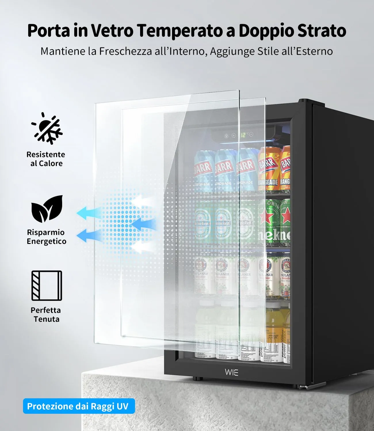 WIE Mini Frigo 68L per 90 Lattine o 24 Bottiglie di Vino, Frigorifero Piccolo con Porta in Vetro, Temperatura Regolabile 3-16°C, Porta Reversibile, Silenzioso ＜43dB per Casa, Ufficio, Bar, Bevande - immagine 4