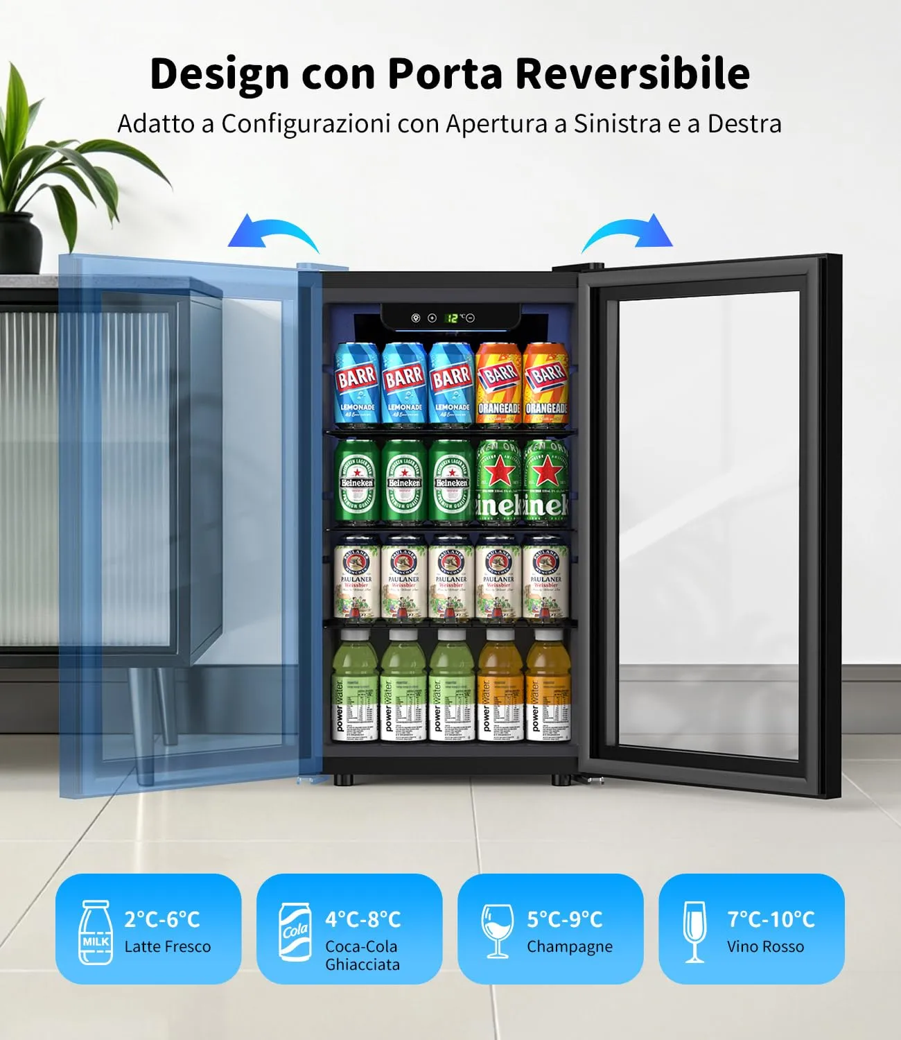 WIE Mini Frigo 68L per 90 Lattine o 24 Bottiglie di Vino, Frigorifero Piccolo con Porta in Vetro, Temperatura Regolabile 3-16°C, Porta Reversibile, Silenzioso ＜43dB per Casa, Ufficio, Bar, Bevande - immagine 5