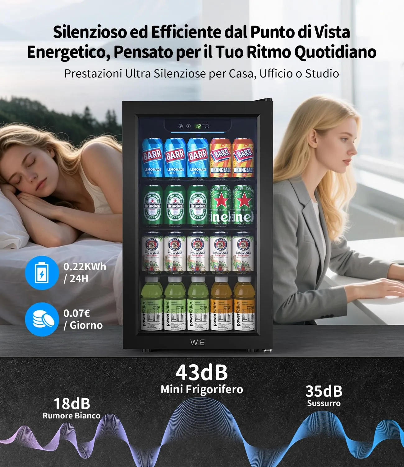 WIE Mini Frigo 68L per 90 Lattine o 24 Bottiglie di Vino, Frigorifero Piccolo con Porta in Vetro, Temperatura Regolabile 3-16°C, Porta Reversibile, Silenzioso ＜43dB per Casa, Ufficio, Bar, Bevande - immagine 7
