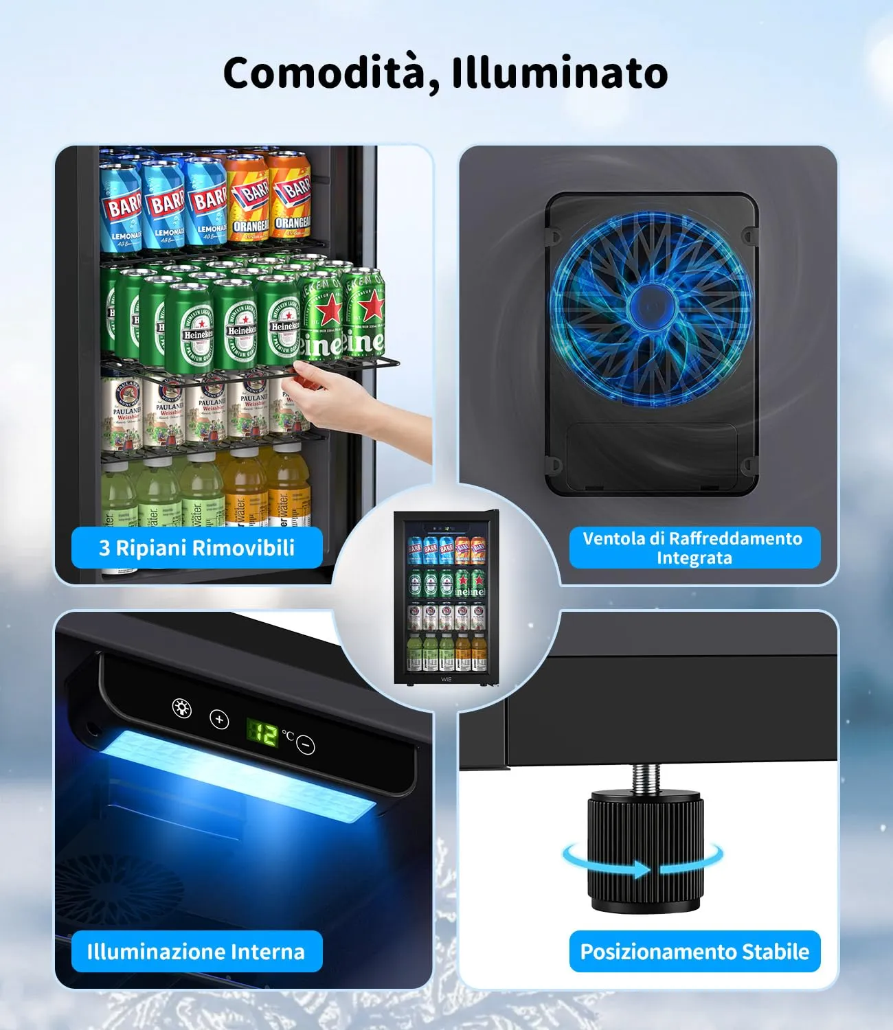 WIE Mini Frigo 68L per 90 Lattine o 24 Bottiglie di Vino, Frigorifero Piccolo con Porta in Vetro, Temperatura Regolabile 3-16°C, Porta Reversibile, Silenzioso ＜43dB per Casa, Ufficio, Bar, Bevande - immagine 8