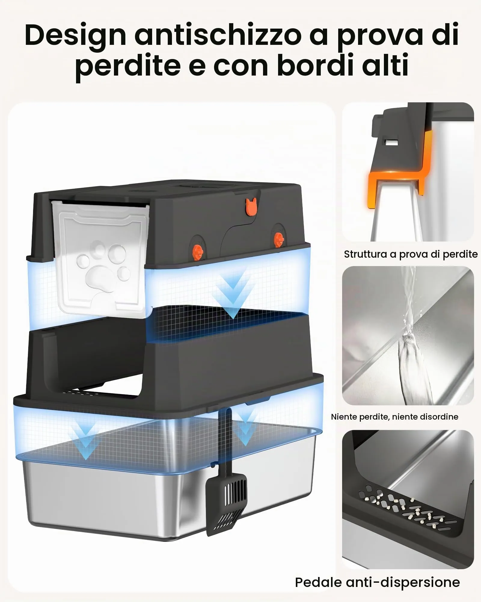 Lettiera Gatto Acciaio Inox, Lettiera Gatto Chiusa Grande XXL, Lettiere per Gatti con Paletta, Toilette per Gatti con Coperchio, Antiodore, Facile da Pulire, Antiaderente e Spaziosa - immagine 2