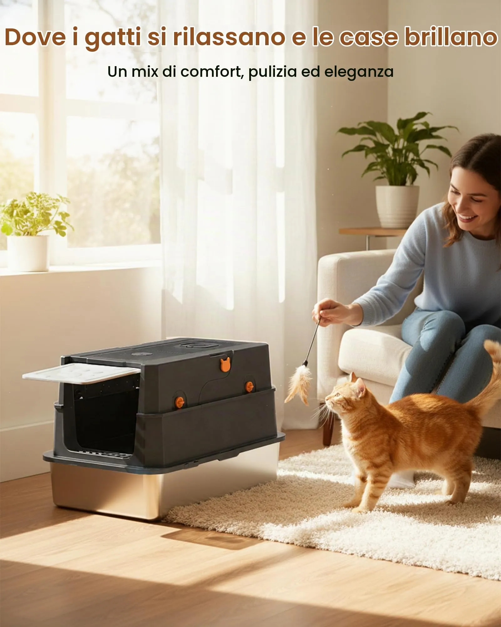 Lettiera Gatto Acciaio Inox, Lettiera Gatto Chiusa Grande XXL, Lettiere per Gatti con Paletta, Toilette per Gatti con Coperchio, Antiodore, Facile da Pulire, Antiaderente e Spaziosa - immagine 6