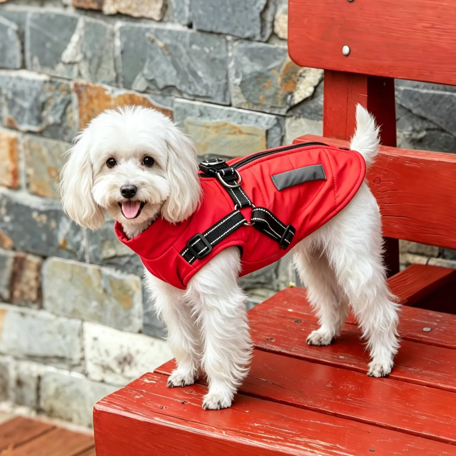 Oslueidy Giubbotti invernali per cani,Cappotti caldi per cani Vestiti per cani Abbigliamento per cani Gilet impermeabile per cuccioli con pettorina per cani di piccola taglia media (Rosso, M) - immagine 7