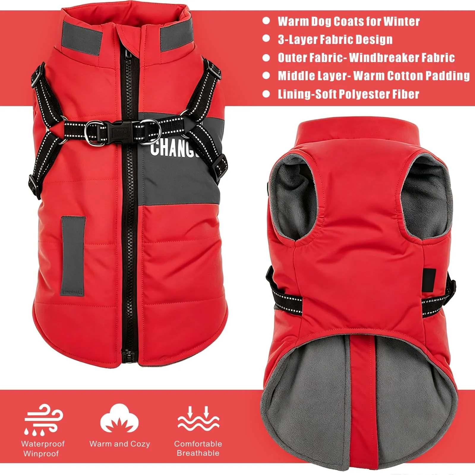 Oslueidy Giubbotti invernali per cani,Cappotti caldi per cani Vestiti per cani Abbigliamento per cani Gilet impermeabile per cuccioli con pettorina per cani di piccola taglia media (Rosso, XL) - immagine 5