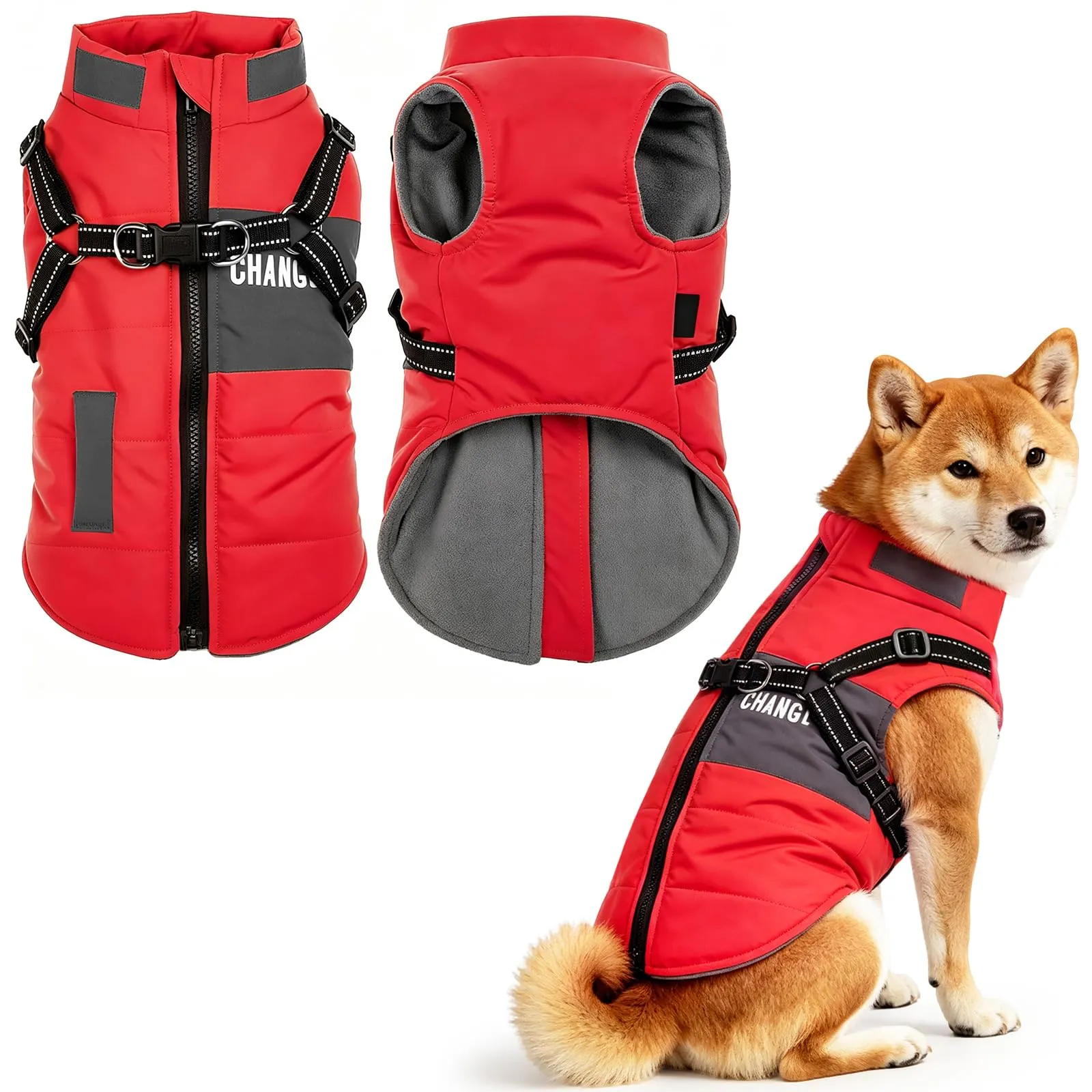 Oslueidy Giubbotti invernali per cani,Cappotti caldi per cani Vestiti per cani Abbigliamento per cani Gilet impermeabile per cuccioli con pettorina per cani di piccola taglia media (Rosso, L) - immagine 8