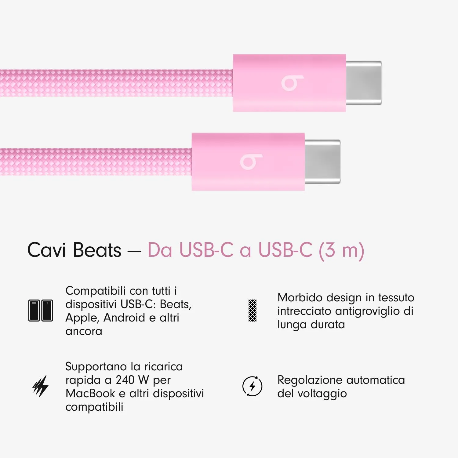Beats Cavo intrecciato da 240 W, da USB-C a USB-C, per ricarica rapida, resistente e antigroviglio, compatibile con dispositivi Apple e Android (3 m) – Rosa energico - immagine 2