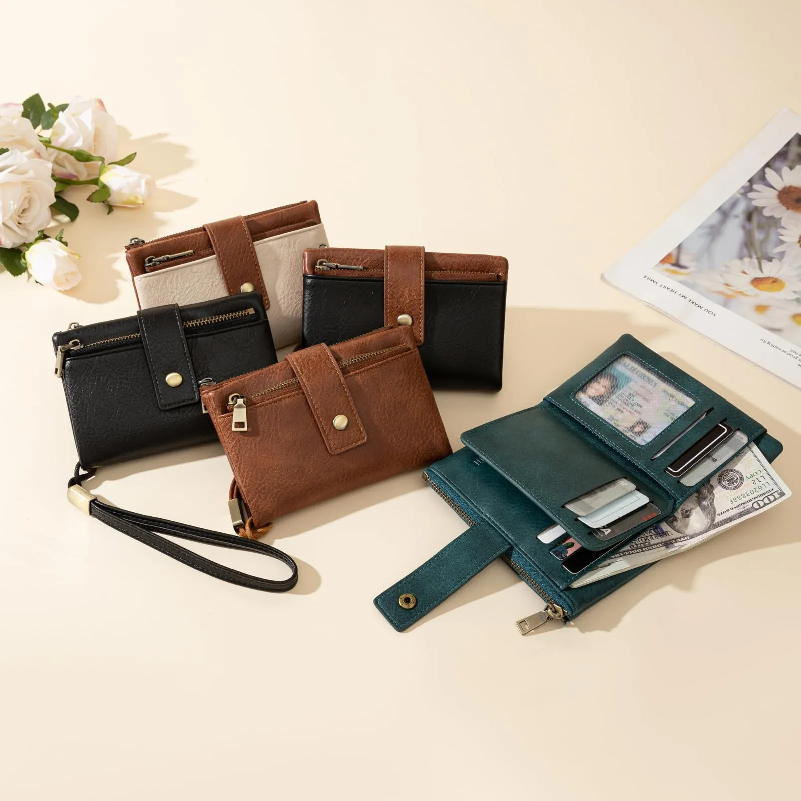 CHAOFANXI Portafoglio da Donna in Pelle PU con Protezione RFID, 15 Scomparti per Carte, Portamonete con Zip e Cinturino da Polso Rimovibile, Verde - immagine 5