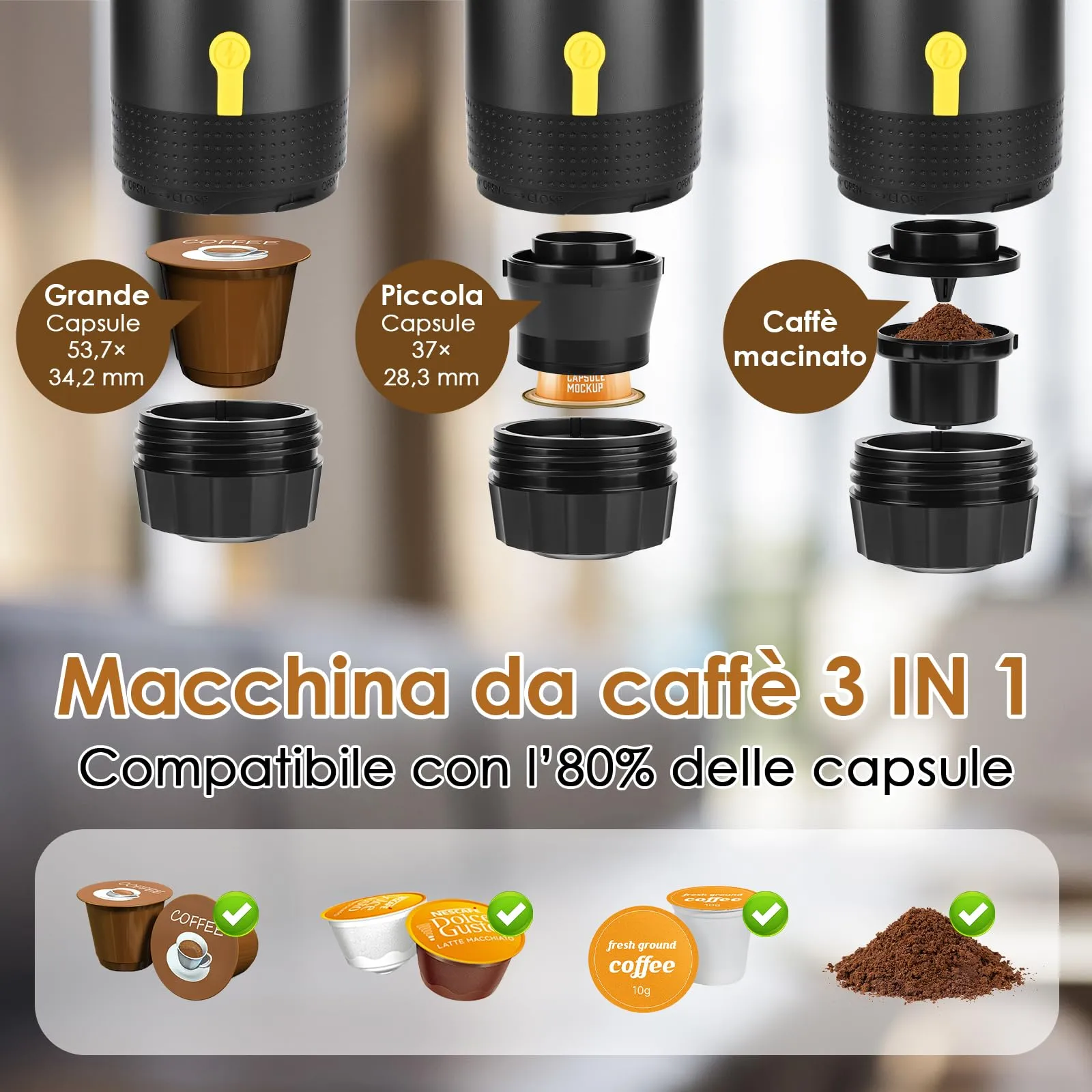 Dreamhigh® Macchina Caffè Portatile Con Batteria 7500mAh, Macchinetta Caffè Portatile Con USB e Caricatore Auto, Macchina da Caffè Portatile Compatibile Capsule e Polvere, Per Viaggio e Campeggio - immagine 4