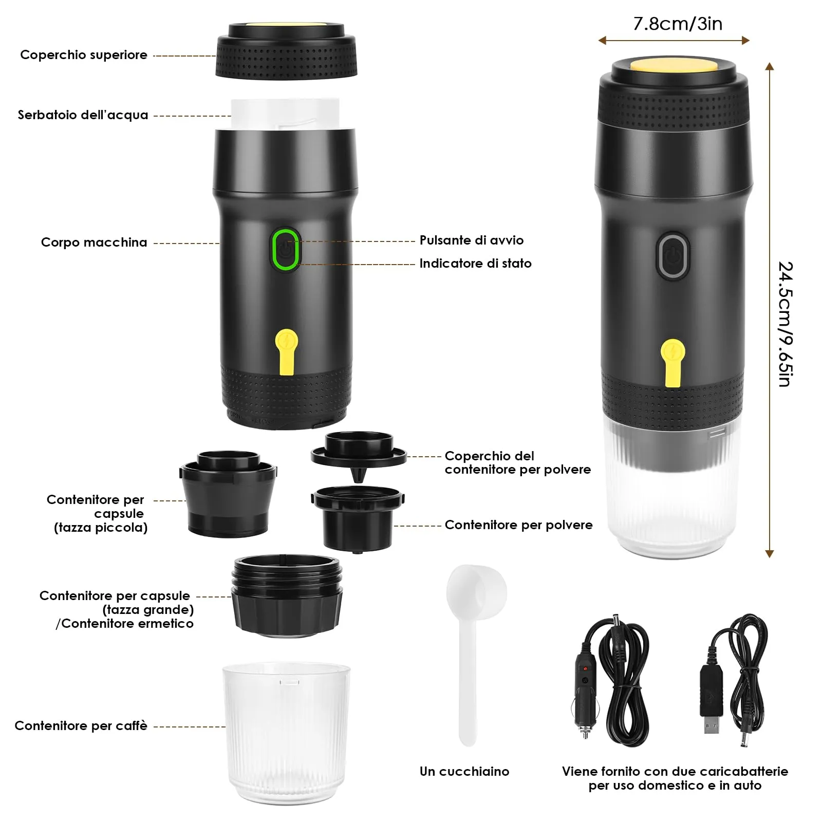 Dreamhigh® Macchina Caffè Portatile Con Batteria 7500mAh, Macchinetta Caffè Portatile Con USB e Caricatore Auto, Macchina da Caffè Portatile Compatibile Capsule e Polvere, Per Viaggio e Campeggio - immagine 6