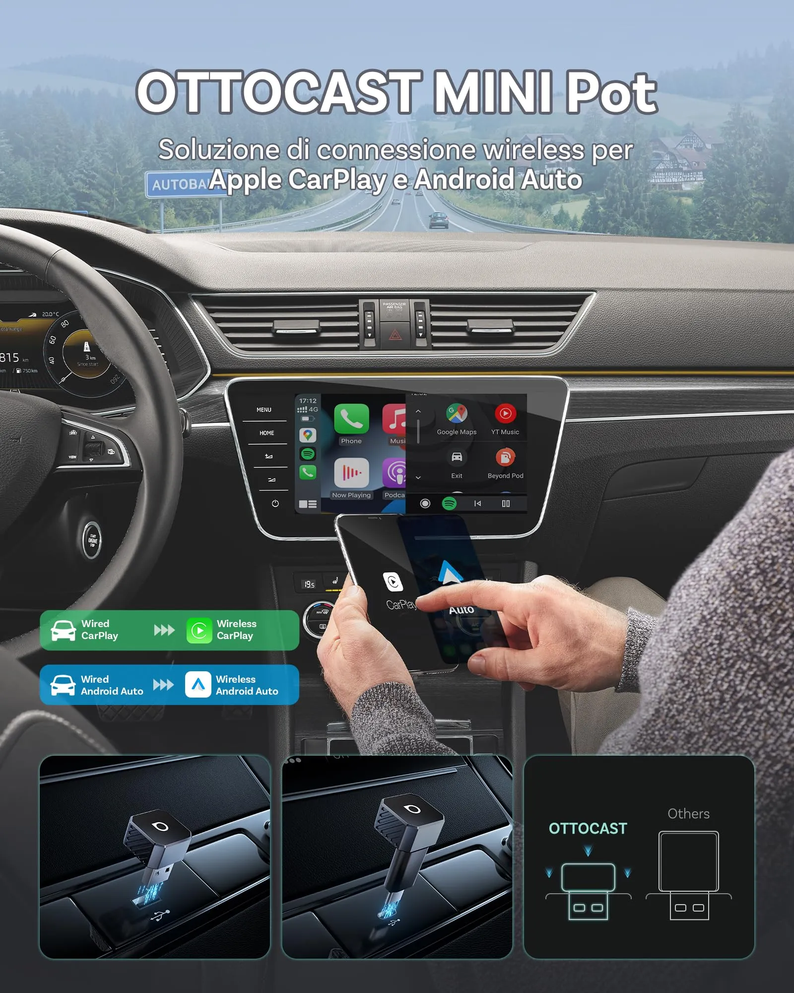 OTTOCAST Mini Pot, 2026 Nuovo Adattatore Wireless CarPlay & Android Auto - immagine 2