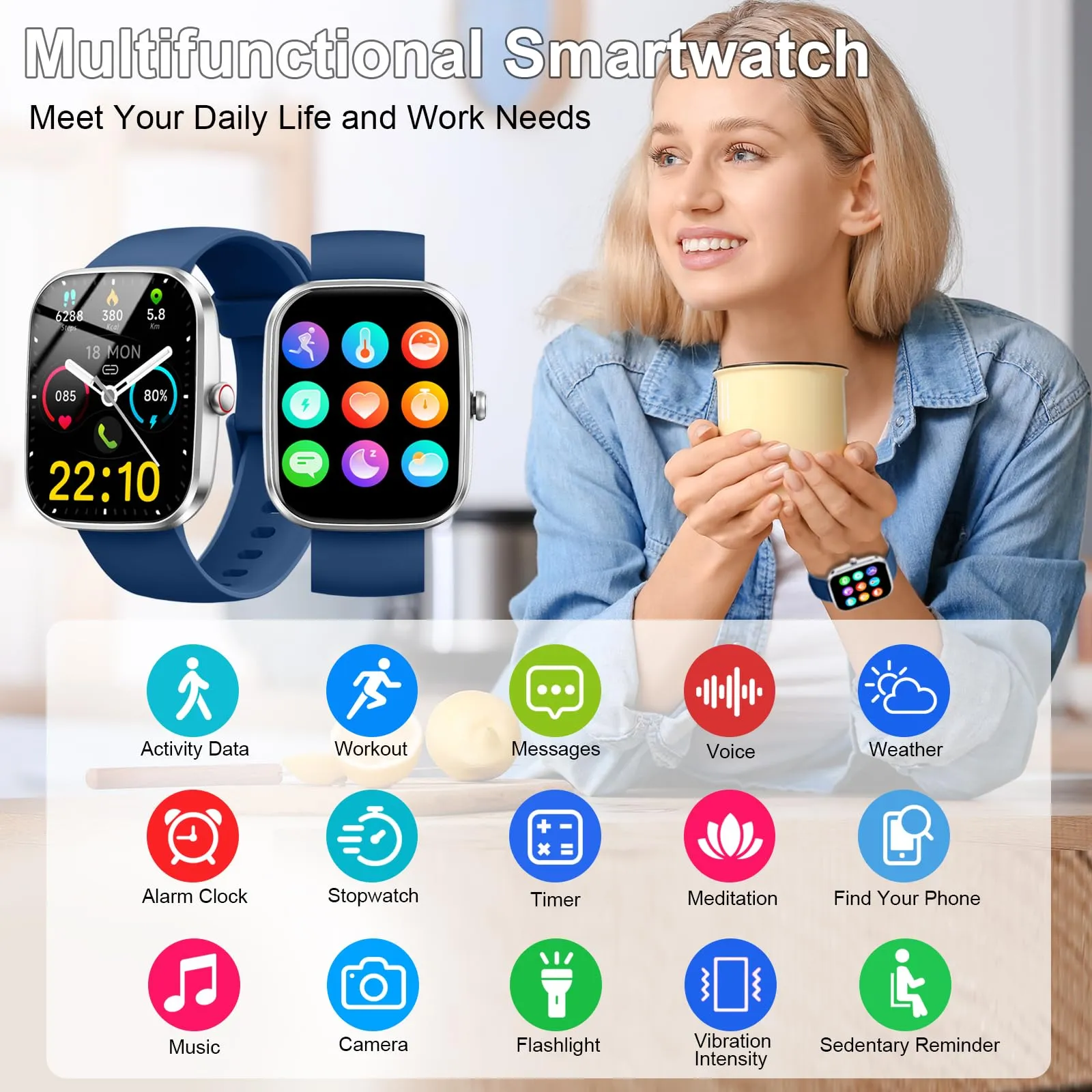 Smartwatch da uomo e donna, 1,96", con chiamate Bluetooth e notifica WhatsApp, cardiofrequenzimetro, IP68, braccialetto attività con oltre 100 modalità sportive, monitoraggio del sonno, per Android e - immagine 6