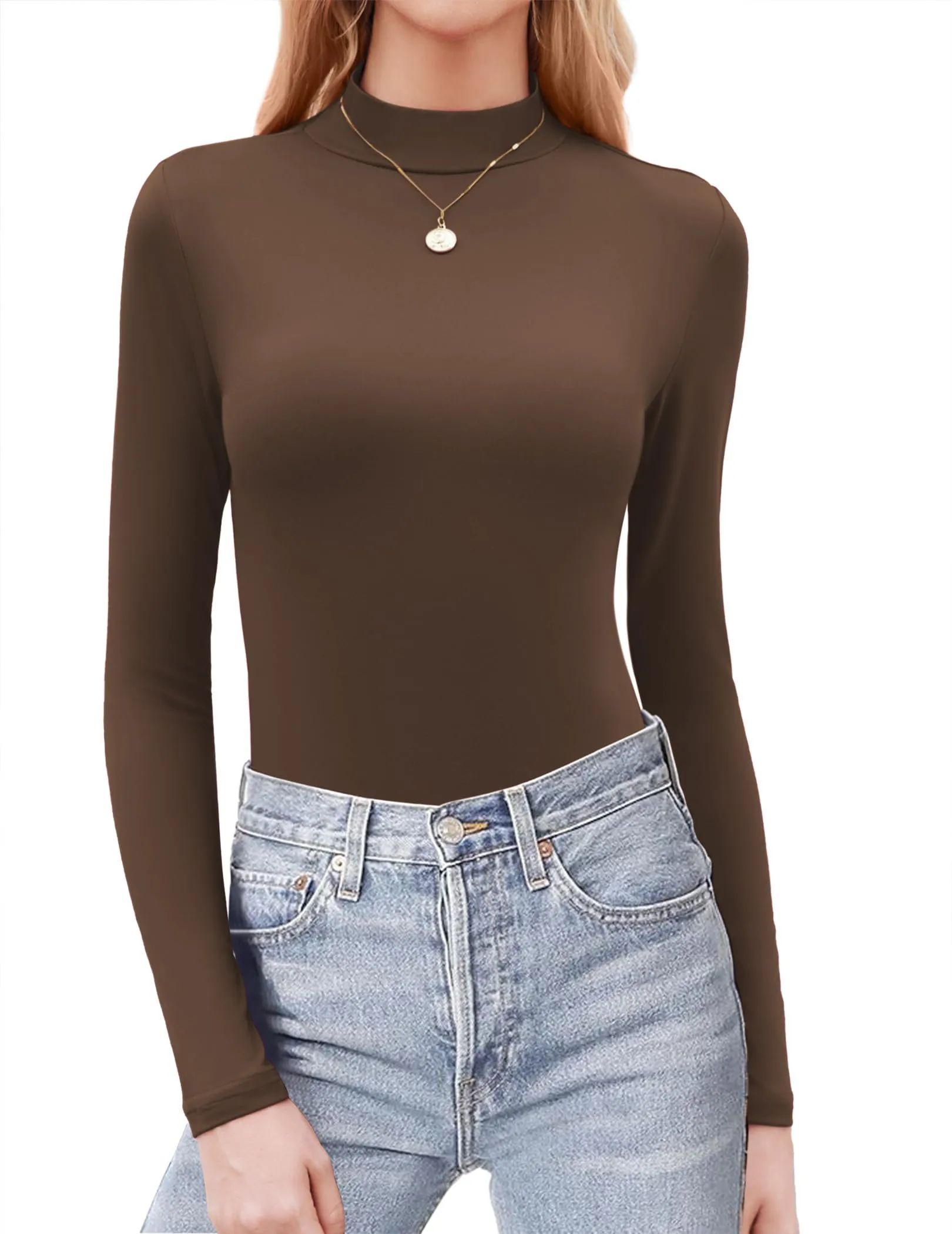 Zeagoo Maglie Termiche Donna Manica Lunga Maglietta Basic Tinta Unita Top Marrone XL - immagine 1