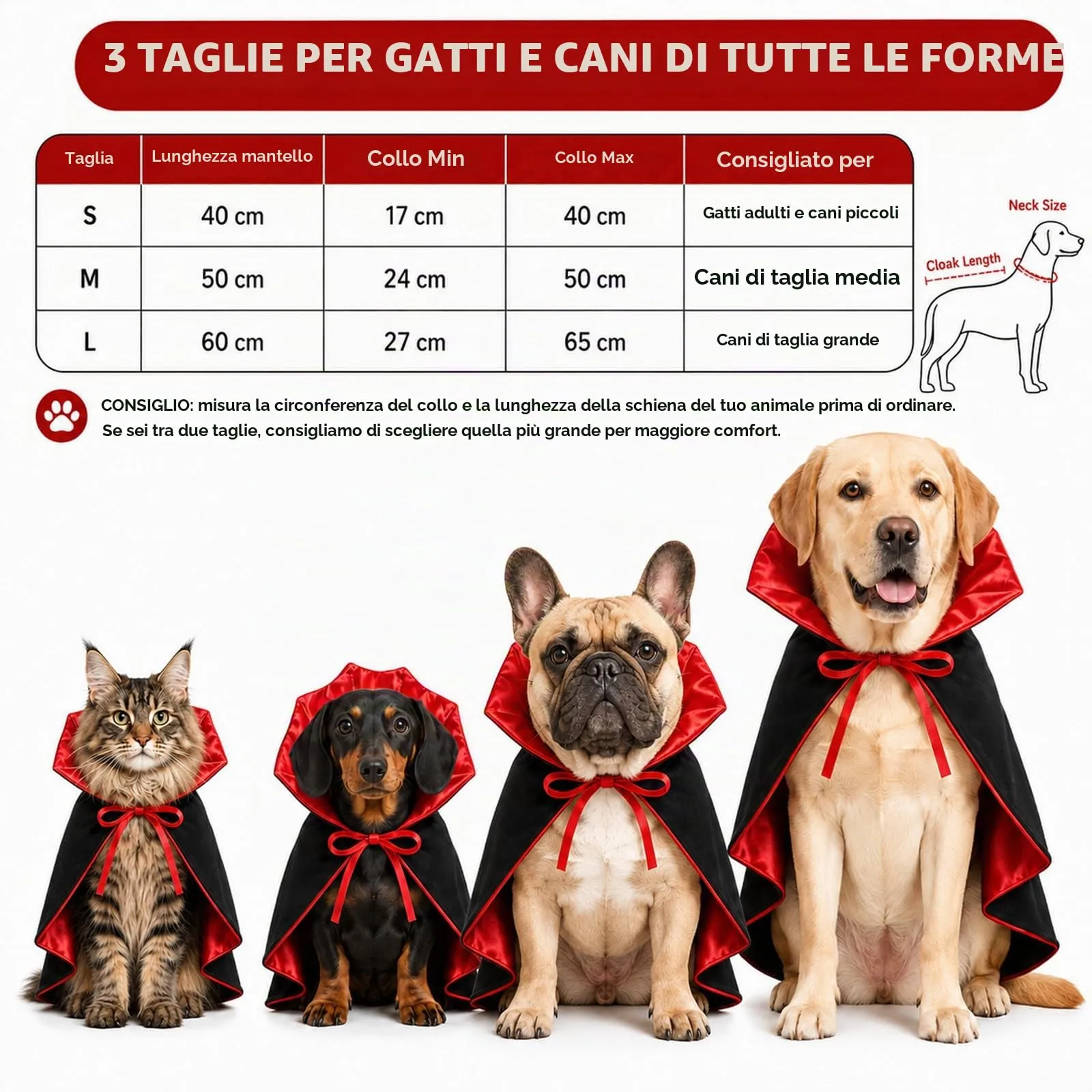 Costume di Halloween per cani, taglia L, 60 cm, mantello da vampiro con - immagine 2