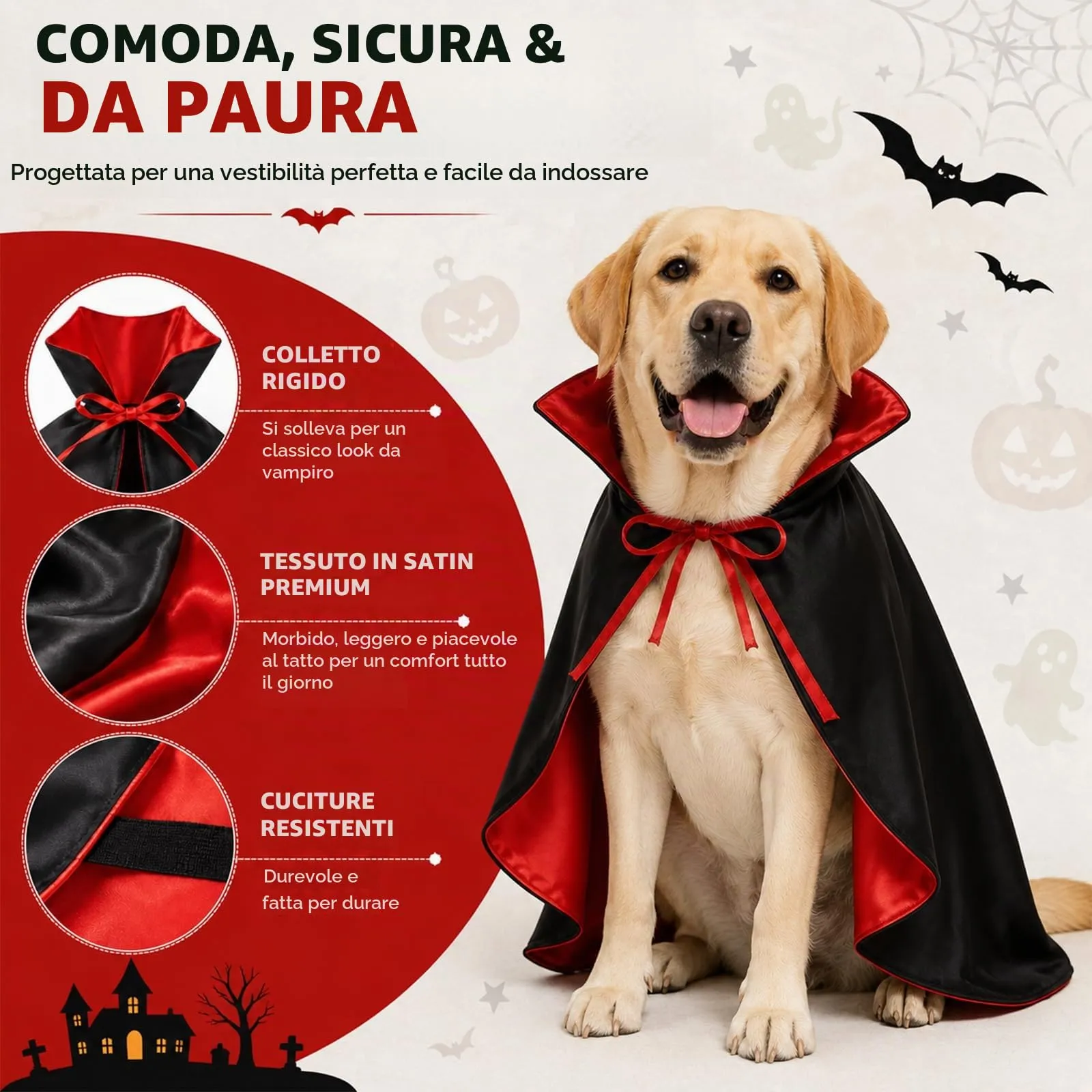 Costume di Halloween per cani, taglia L, 60 cm, mantello da vampiro con - immagine 4