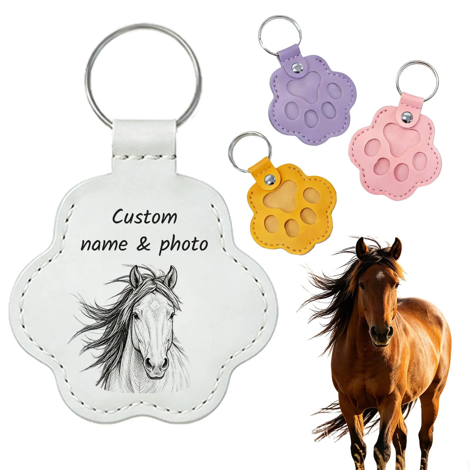 Umitive Ricordo Personalizzato Cavallo, Portachiavi Pelle incisabile Foto Nome, Scatola peli Cavallo, Regalo commemorativo Cavallo scomparso - immagine 1