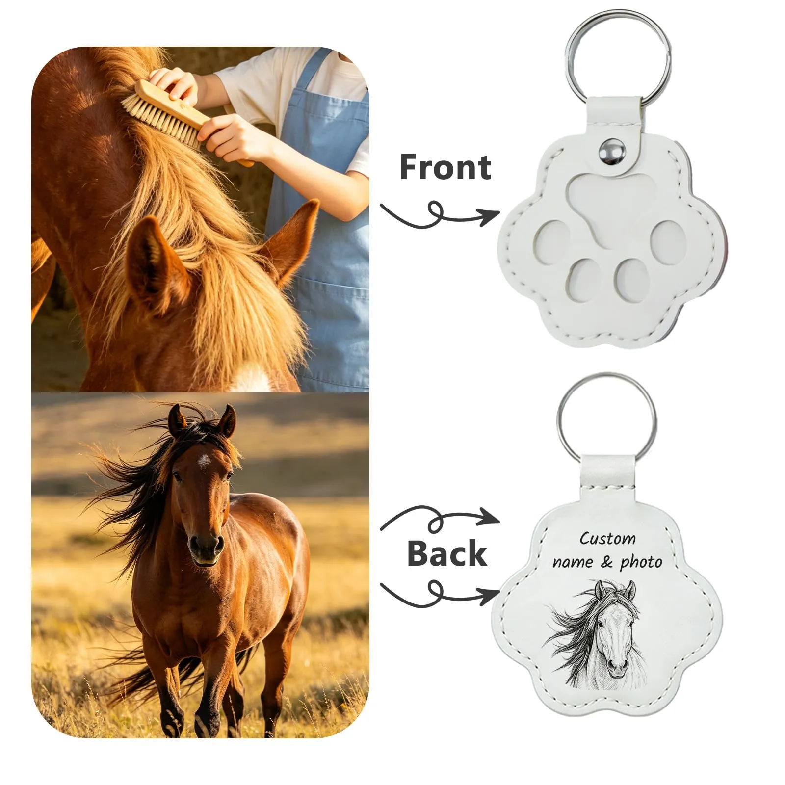 Umitive Ricordo Personalizzato Cavallo, Portachiavi Pelle incisabile Foto Nome, Scatola peli Cavallo, Regalo commemorativo Cavallo scomparso - immagine 3