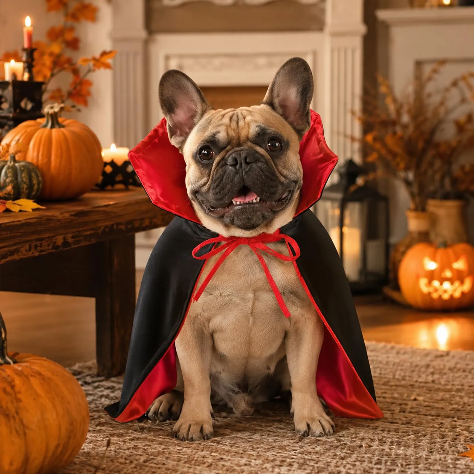 Costume da vampiro per cani (M/50 cm) con mantello e colletto rialzato per cosplay, Costume di Halloween in raso con doppia chiusura, Carnevale e servizi fotografici - immagine 3