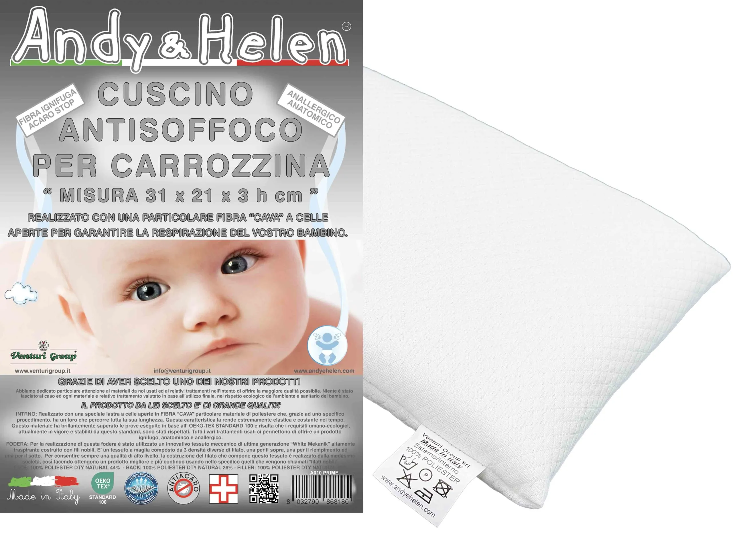 ANDY & HELEN® - Cuscino Culla/Carrozzina Antisoffoco PRIME altamente traspirante. Misure: 31x21x3 cm - immagine 1