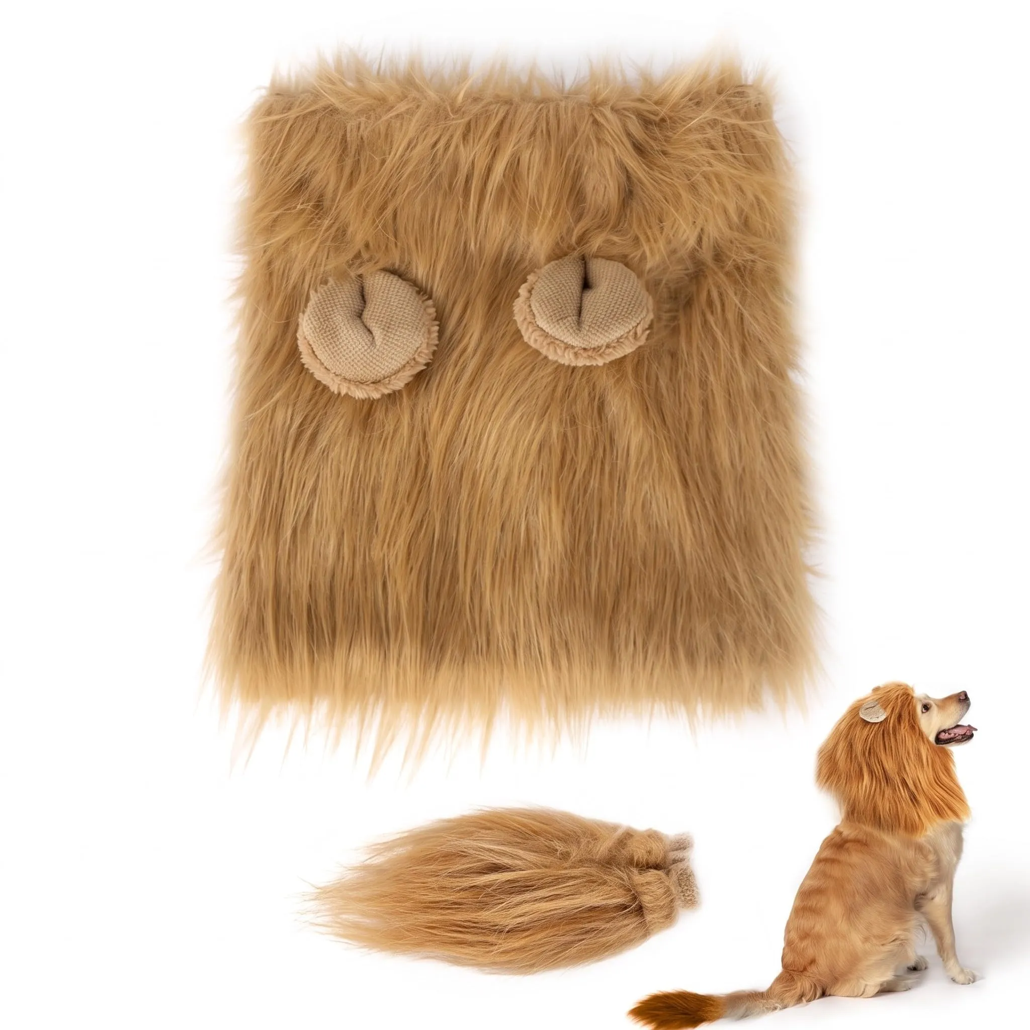 FIQLUL Criniera di Leone per Cani con Coda, Costume Cane Halloween e Cosplay, Parrucca Regolabile per Cani di Taglia Media e Grande, Travestimento Realistico in Pelliccia Sintetica, Marrone Chiaro - immagine 1