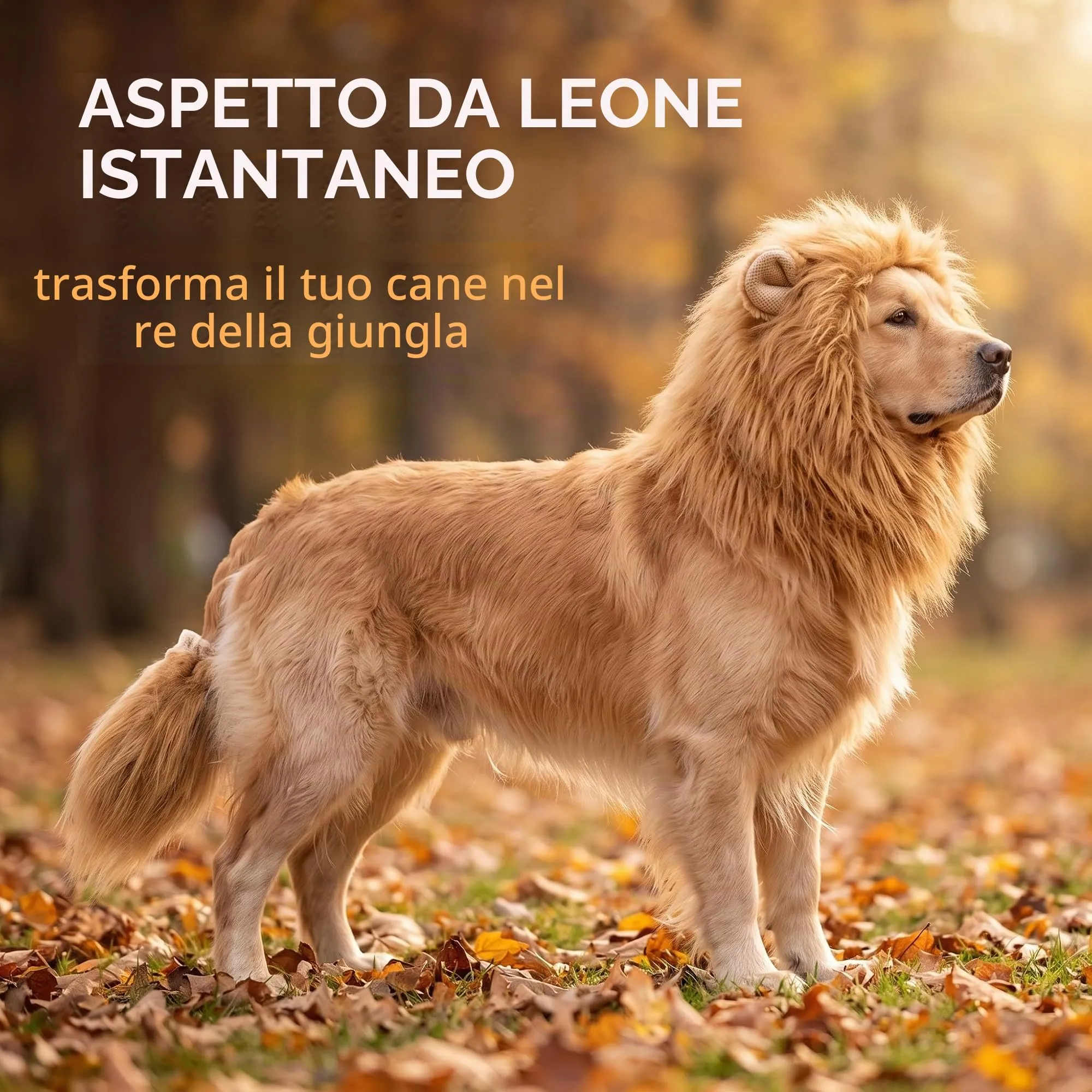 FIQLUL Criniera di Leone per Cani con Coda, Costume Cane Halloween e Cosplay, Parrucca Regolabile per Cani di Taglia Media e Grande, Travestimento Realistico in Pelliccia Sintetica, Marrone Chiaro - immagine 2