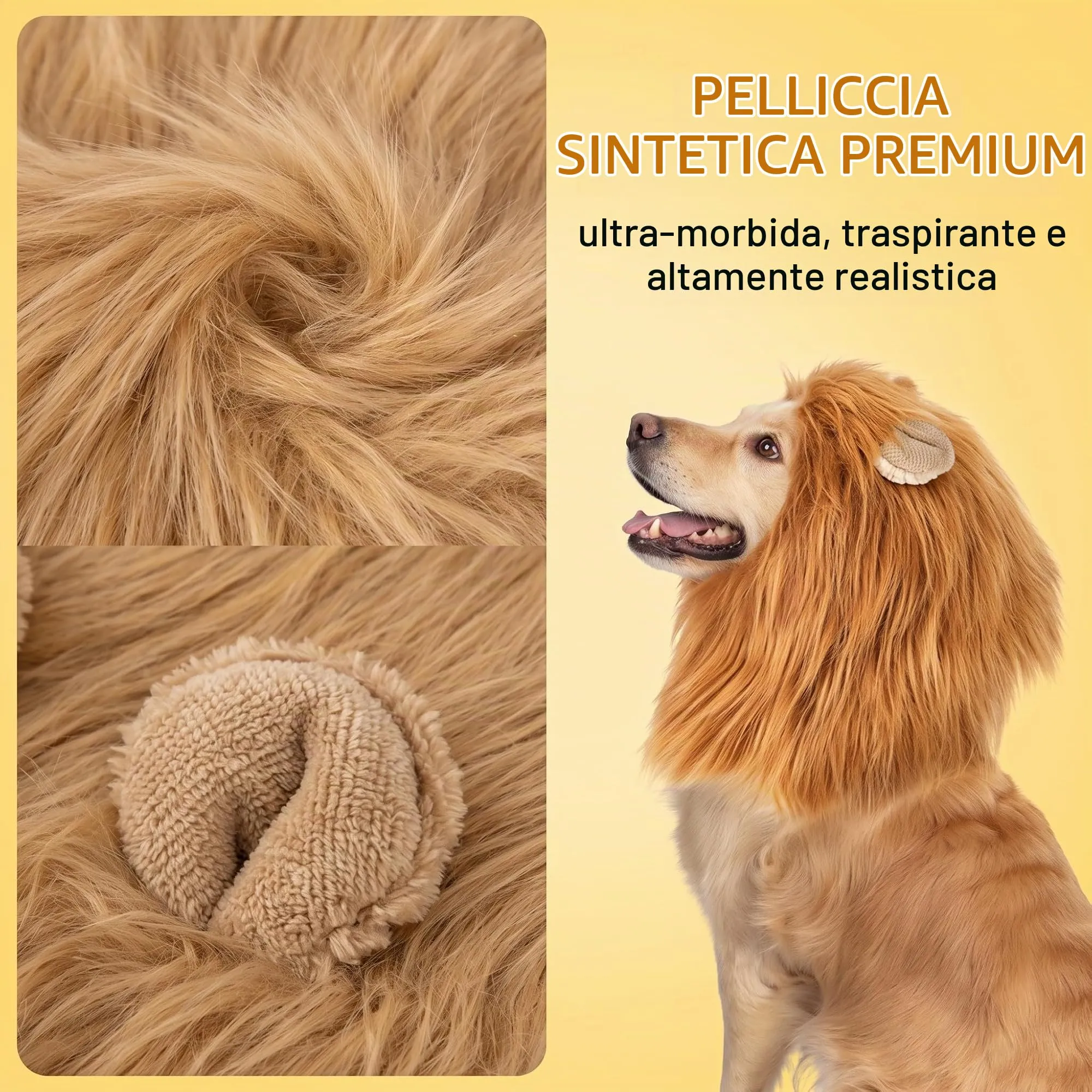 FIQLUL Criniera di Leone per Cani con Coda, Costume Cane Halloween e Cosplay, Parrucca Regolabile per Cani di Taglia Media e Grande, Travestimento Realistico in Pelliccia Sintetica, Marrone Chiaro - immagine 4