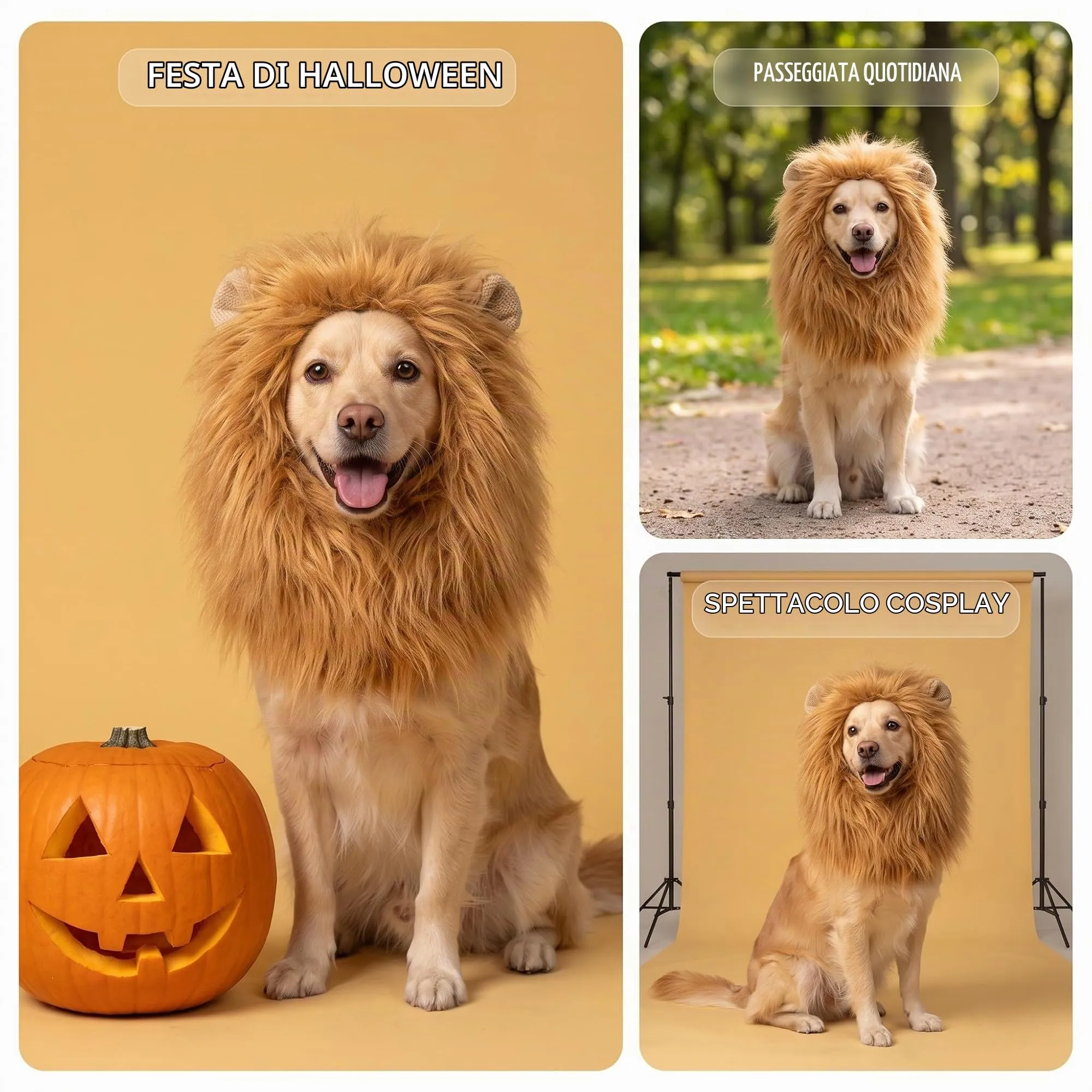 FIQLUL Criniera di Leone per Cani con Coda, Costume Cane Halloween e Cosplay, Parrucca Regolabile per Cani di Taglia Media e Grande, Travestimento Realistico in Pelliccia Sintetica, Marrone Chiaro - immagine 5