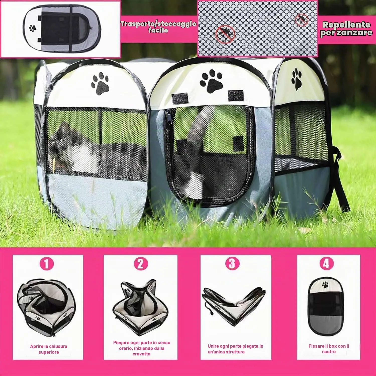 Exquilnova Recinto portatile per cuccioli, 74 x 74 x 43 cm, pieghevole, per interni, in tessuto Oxford impermeabile, per cani, gatti, conigli (grigio) - immagine 4