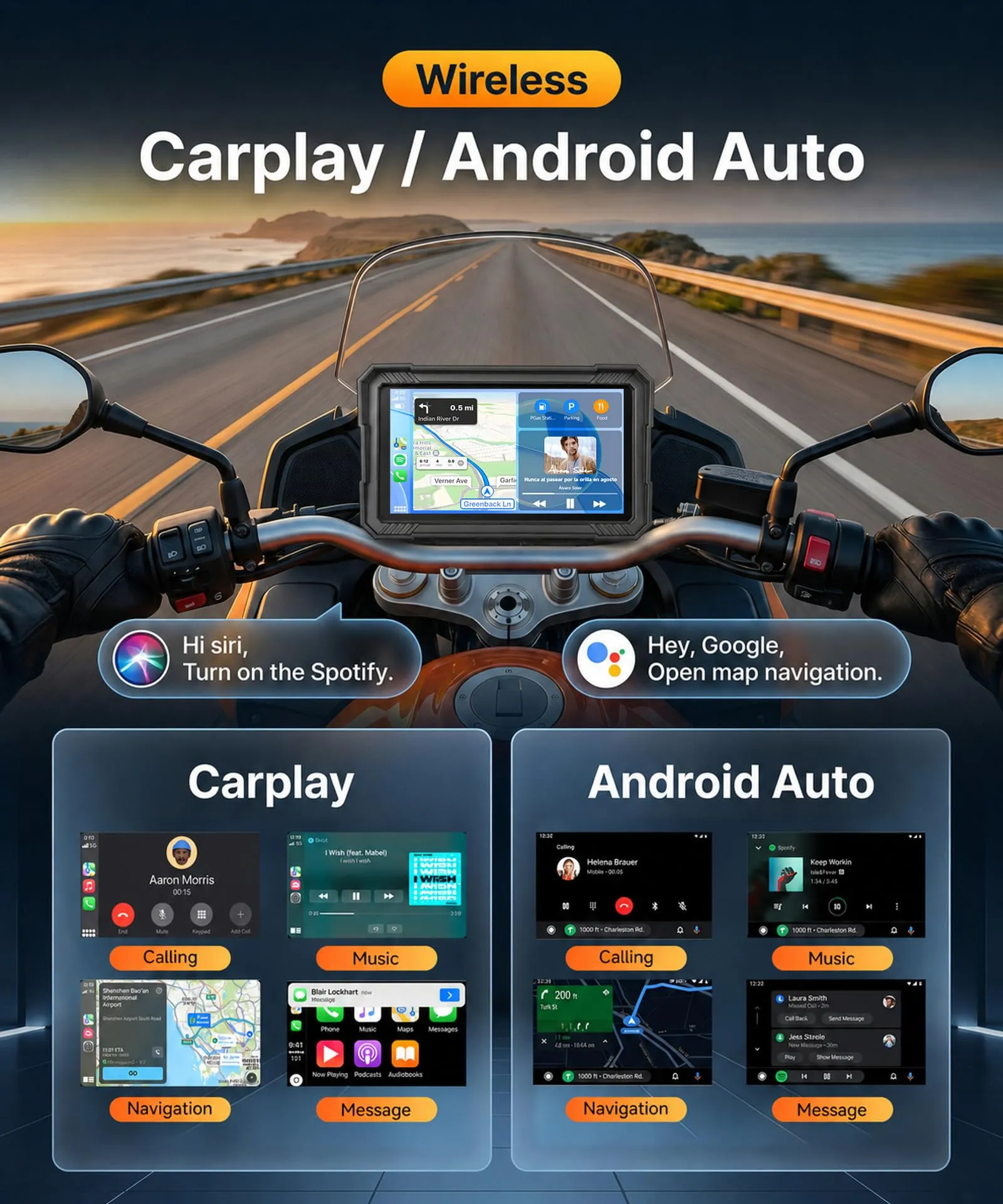 Rimoody Wireless Carplay Display Motociclo Android Auto con Pulsanti di Controllo, 5" Touchscreen Car Play Autoradio Portatile per Motorbike, CarPlay Monitor per Moto Bluetooth/IP68 Impermeabile/Navi - immagine 2