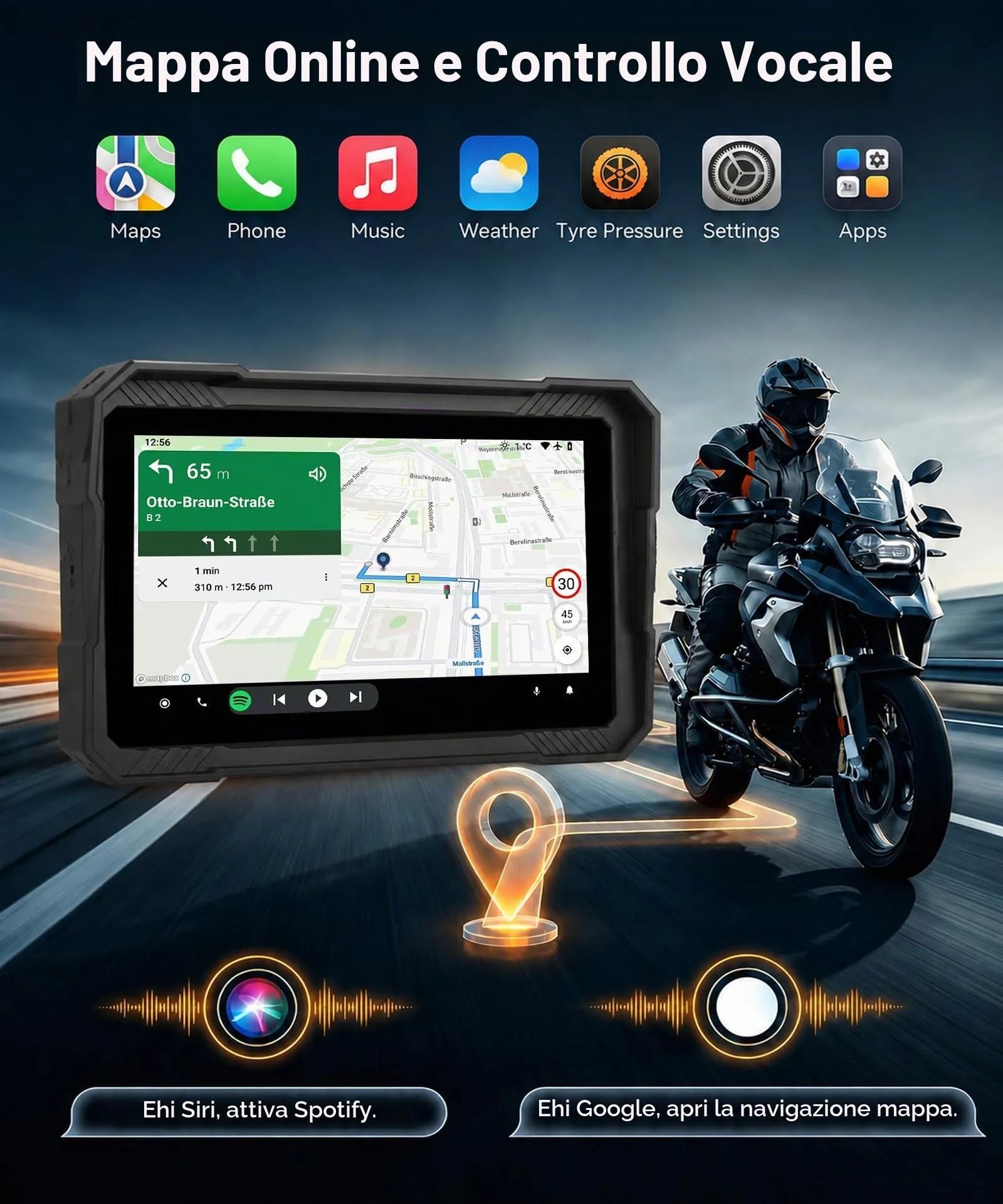 Rimoody Wireless Carplay Display Motociclo Android Auto con Pulsanti di Controllo, 5" Touchscreen Car Play Autoradio Portatile per Motorbike, CarPlay Monitor per Moto Bluetooth/IP68 Impermeabile/Navi - immagine 4