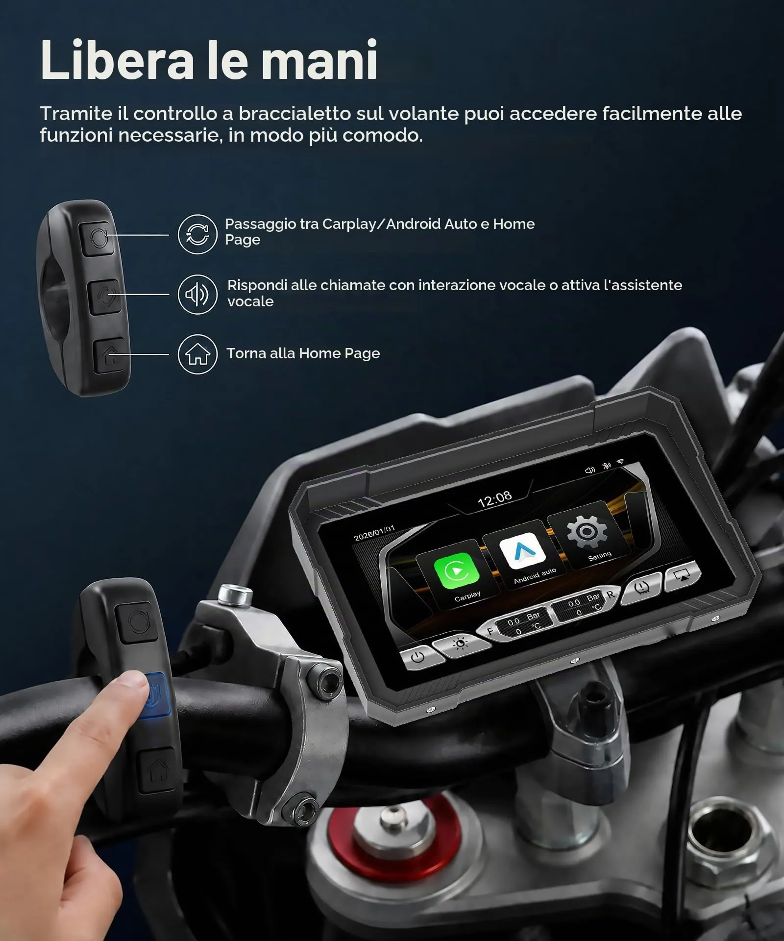 Rimoody Wireless Carplay Display Motociclo Android Auto con Pulsanti di Controllo, 5" Touchscreen Car Play Autoradio Portatile per Motorbike, CarPlay Monitor per Moto Bluetooth/IP68 Impermeabile/Navi - immagine 5