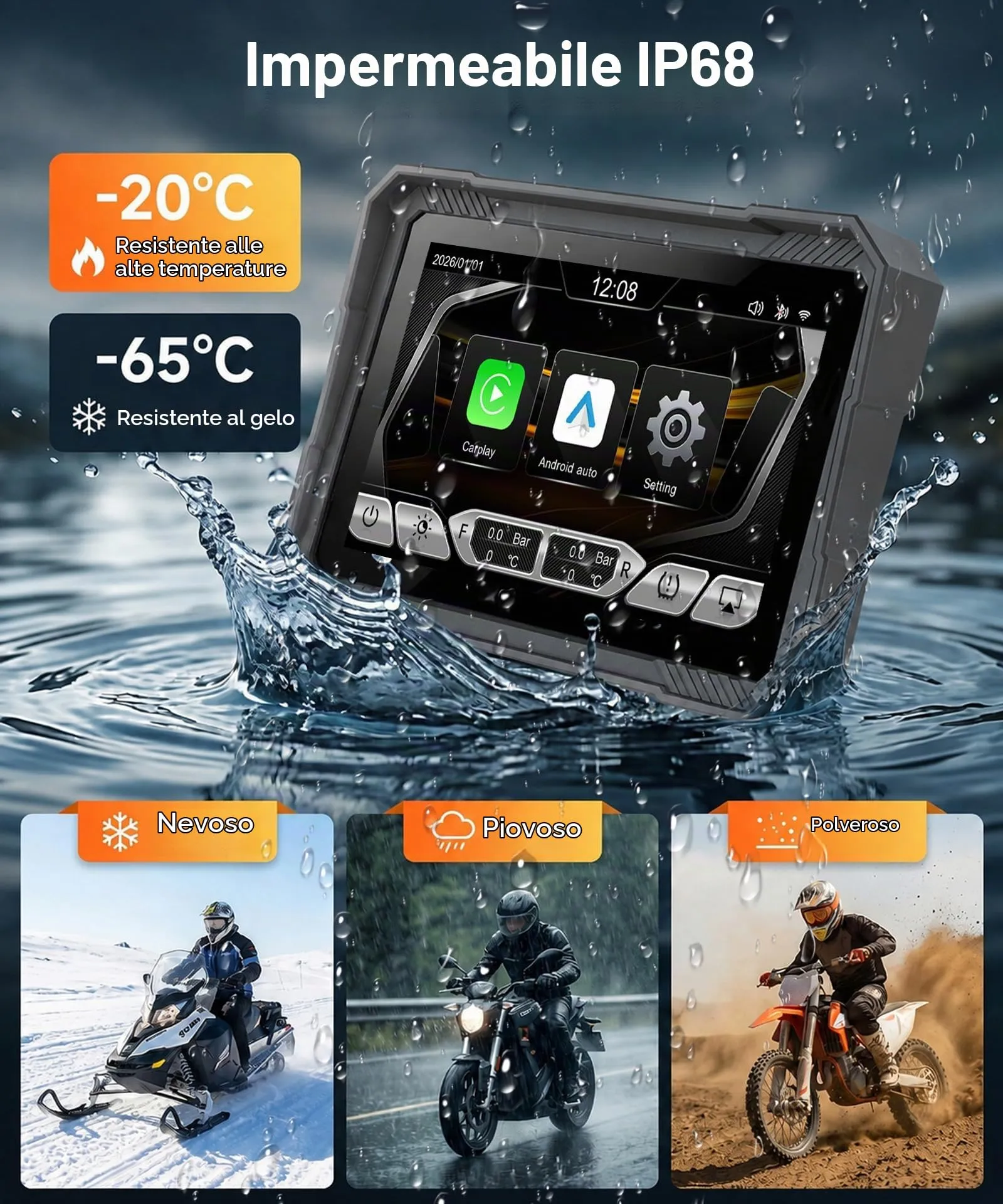Rimoody Wireless Carplay Display Motociclo Android Auto con Pulsanti di Controllo, 5" Touchscreen Car Play Autoradio Portatile per Motorbike, CarPlay Monitor per Moto Bluetooth/IP68 Impermeabile/Navi - immagine 7