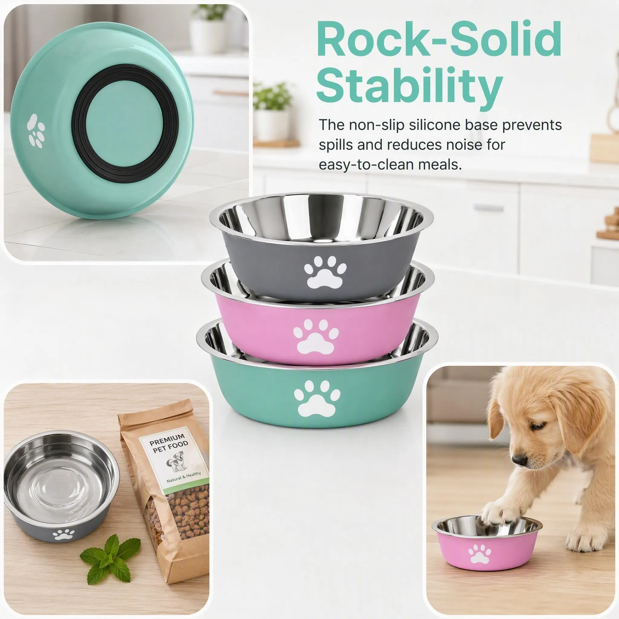 PULCINELLI Set 3 Ciotole per Cani e Gatti in Acciaio Inox, Antiscivolo Base - immagine 4