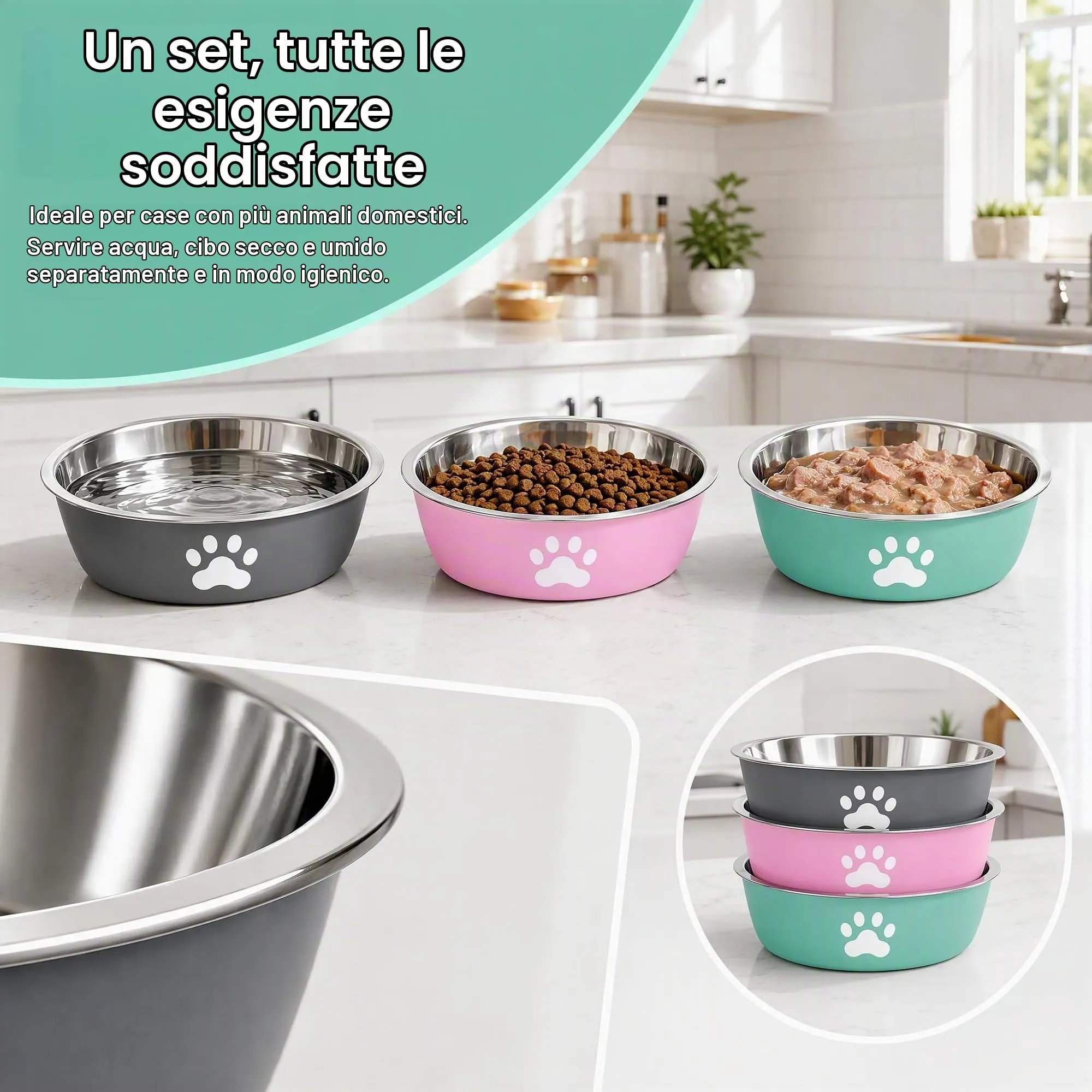 PULCINELLI Set 3 Ciotole per Cani e Gatti in Acciaio Inox, Antiscivolo Base - immagine 5