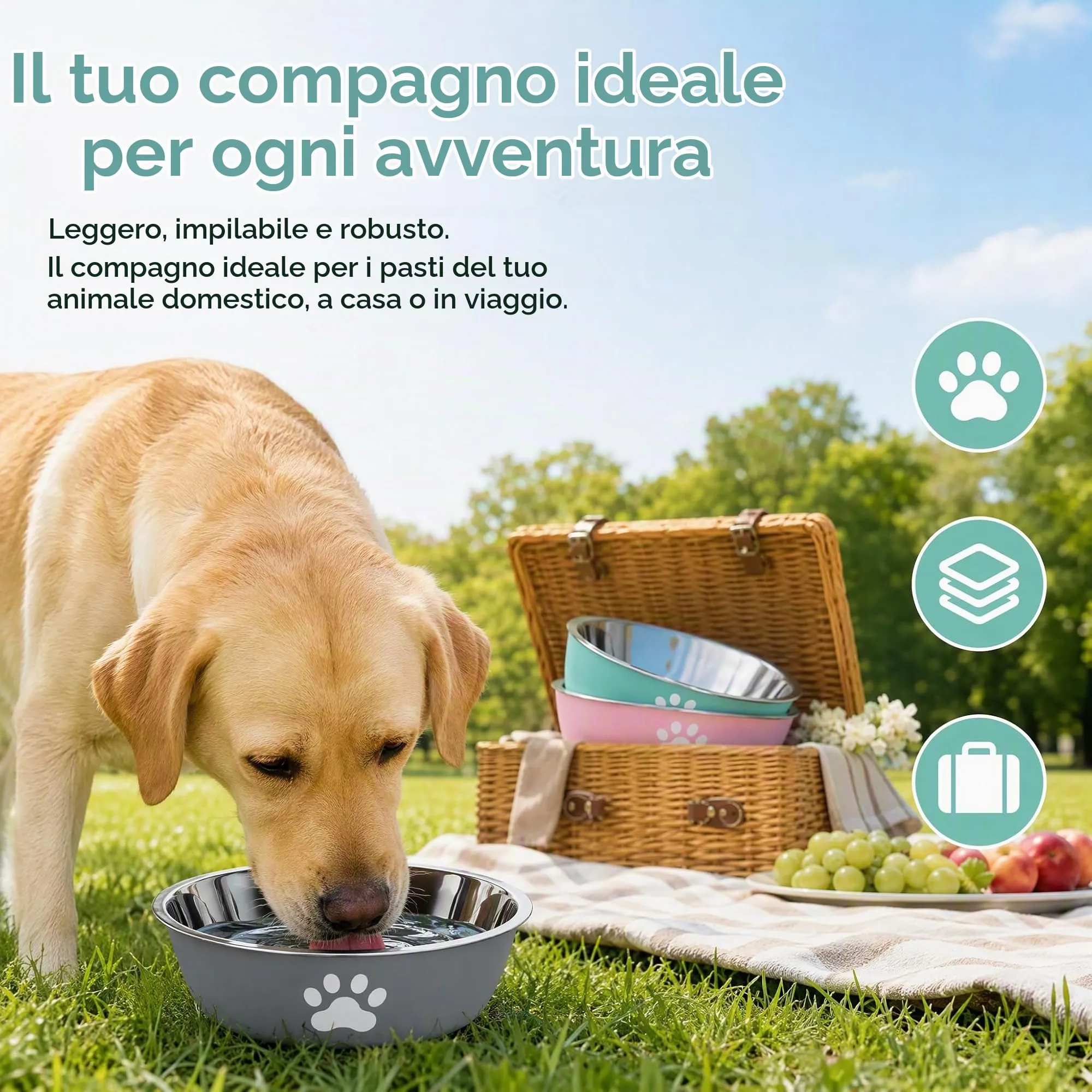 PULCINELLI Set 3 Ciotole per Cani e Gatti in Acciaio Inox, Antiscivolo Base - immagine 8