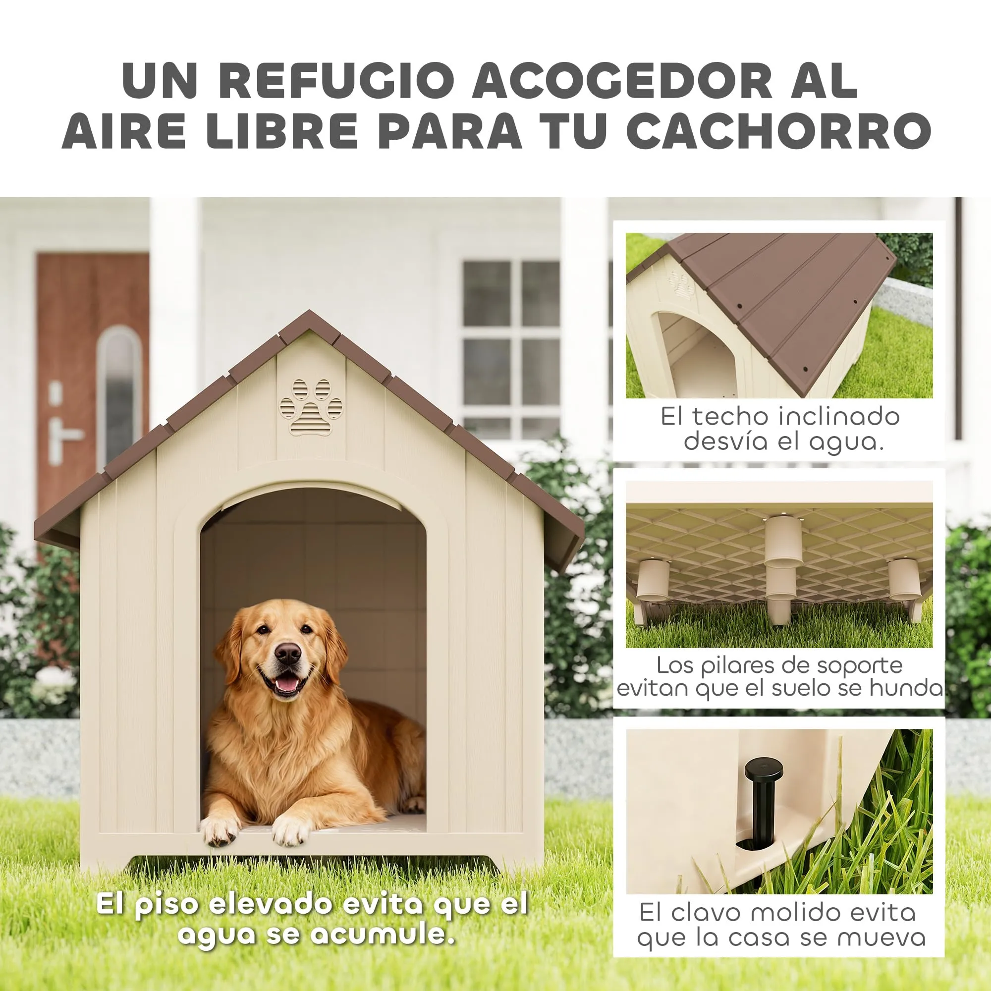 PawHut Cuccia per cani da esterno per cani di taglia grande, 88 x 79 x 89 cm, beige - immagine 3