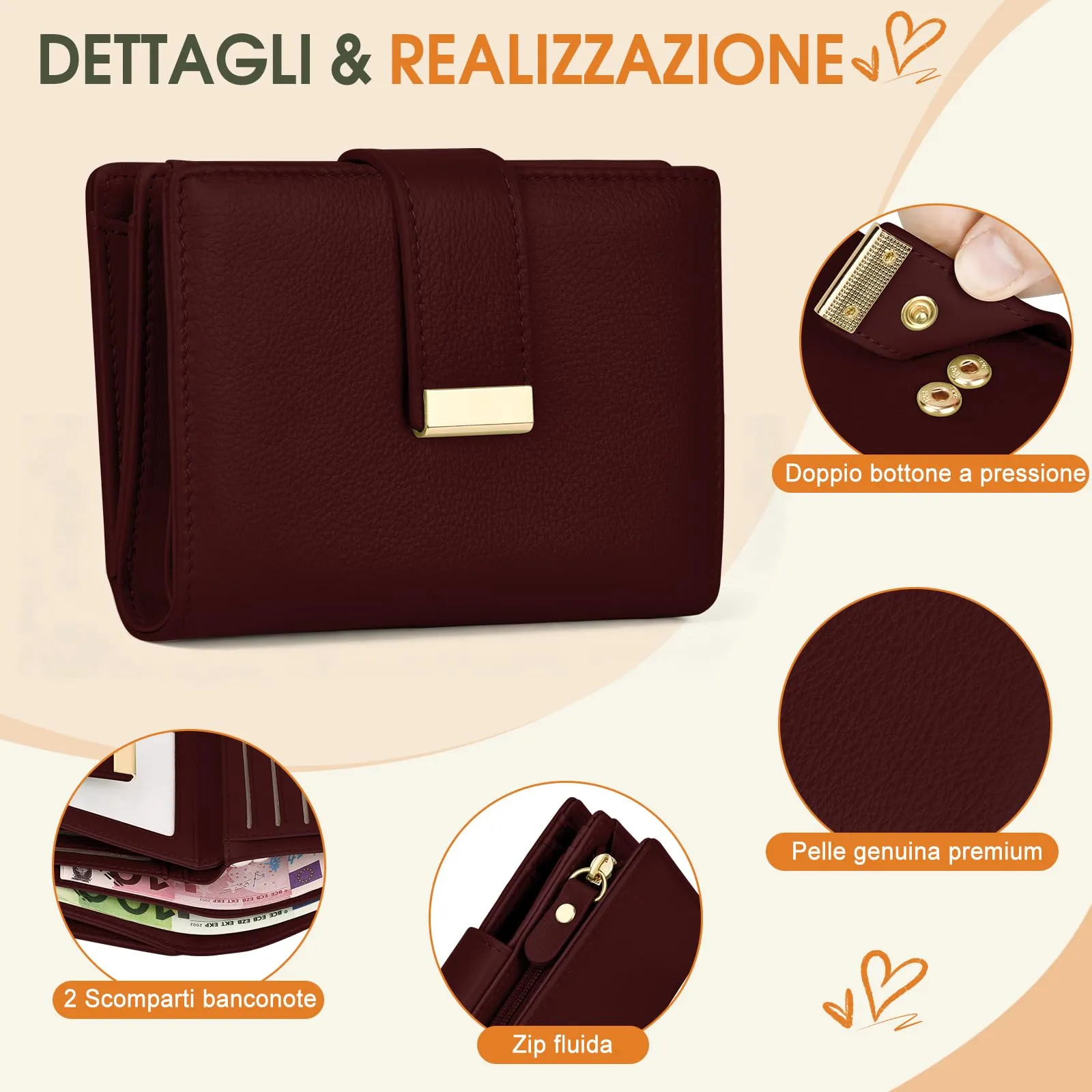 Faneam Portafoglio Donna Piccolo in Pelle, RFID, 12 Carte e Scatola Regalo - immagine 3